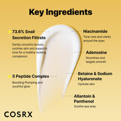 COSRX Snail Mucin Peptide Under Eye Cream close-up highlights nourishing snail mucin formula