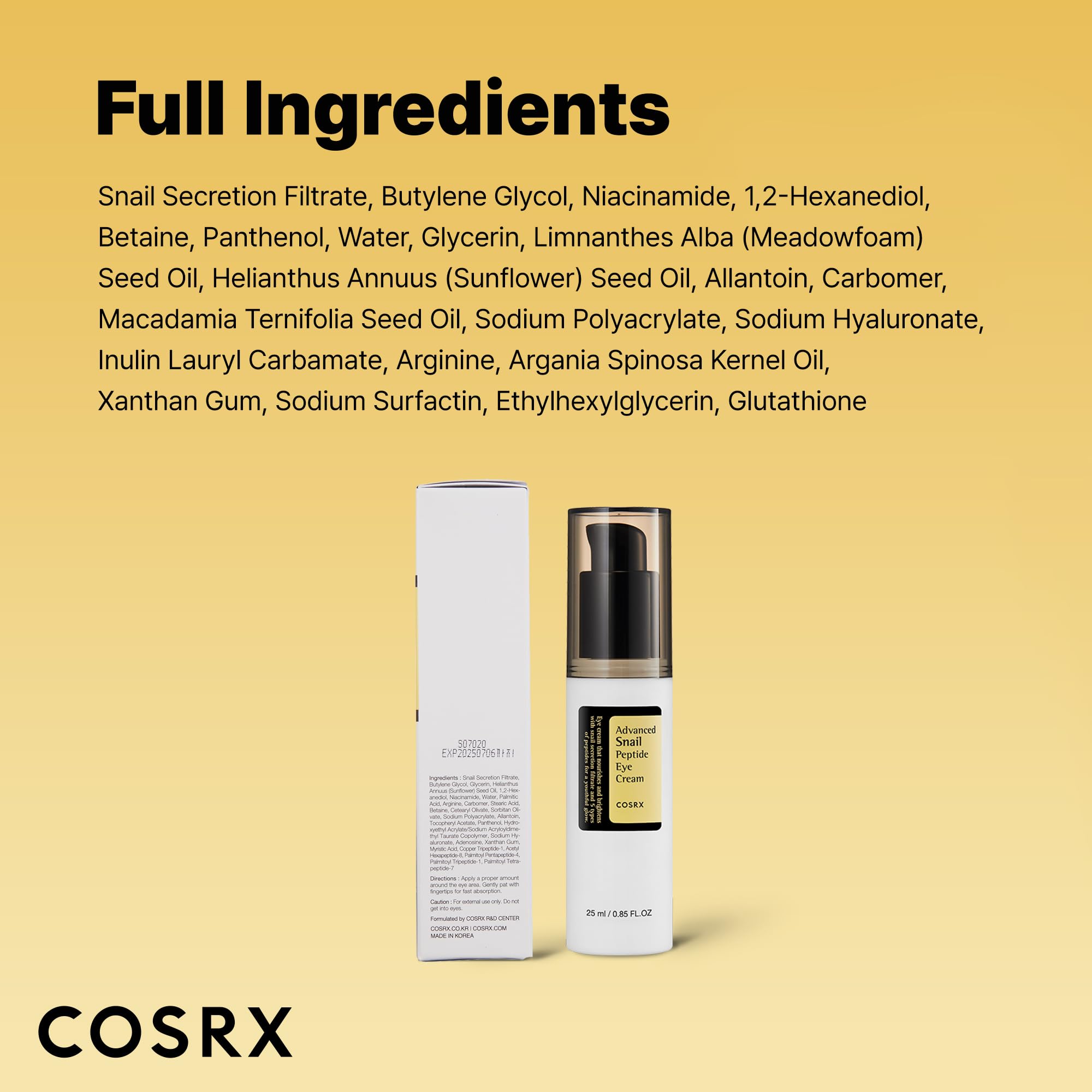 COSRX Snail Mucin Peptide Under Eye Cream side view shows travel-friendly packaging