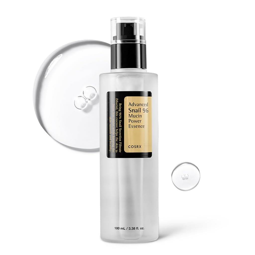 COSRX Snail Mucin Serum bottle close-up showing lasting hydration for dull skin