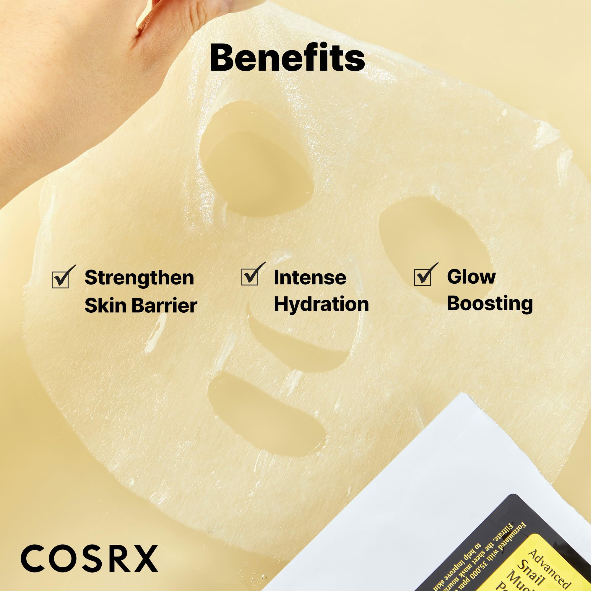 COSRX Snail Mucin Sheet Mask in application pose suggests easy at-home pampering
