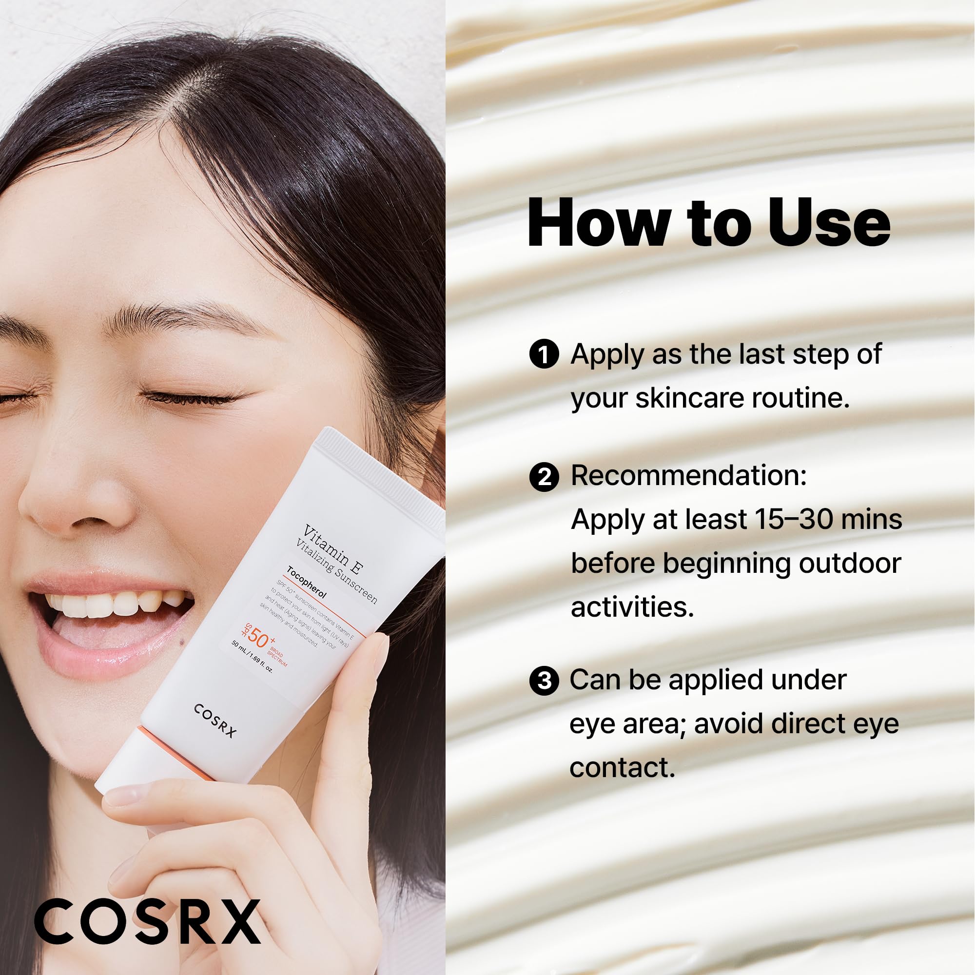 COSRX Vitamin E Sunscreen daily-use bottle suitable for oily skin.