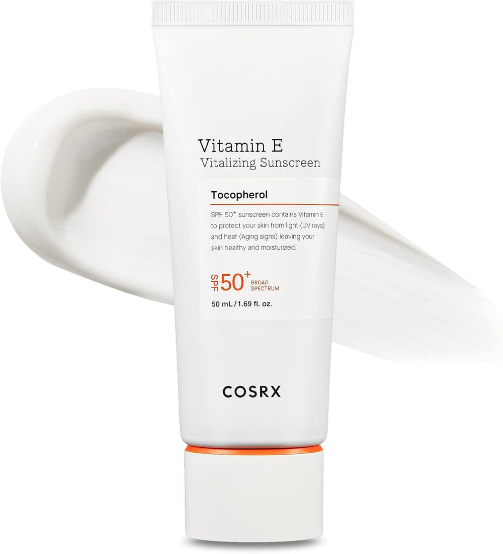 COSRX Vitamin E Vitalizing Face Sunscreen bottle for daily protection and satin-soft finish.