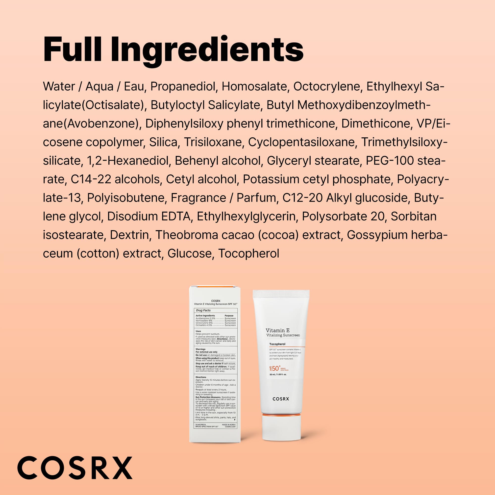 COSRX hypoallergenic and dermatologist-tested sunscreen signals skin-friendly care.