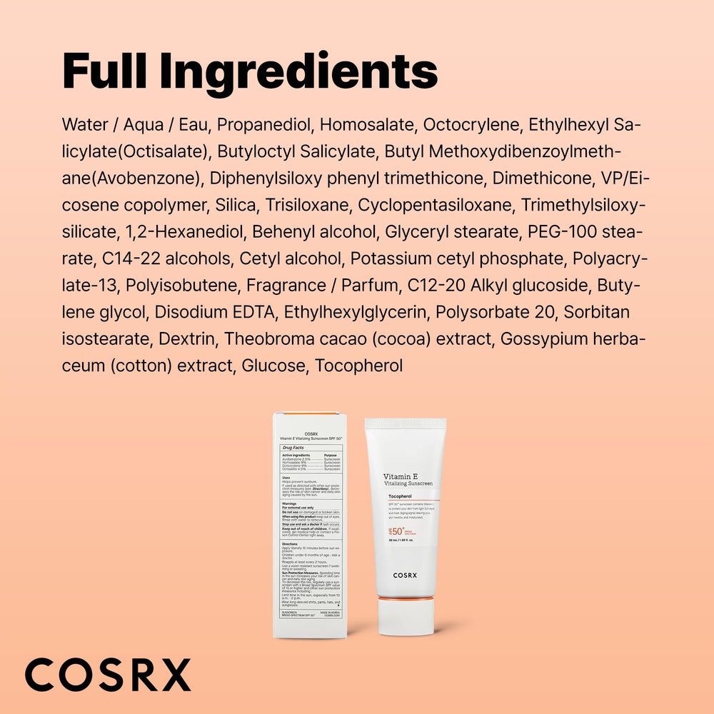 COSRX hypoallergenic and dermatologist-tested sunscreen signals skin-friendly care.