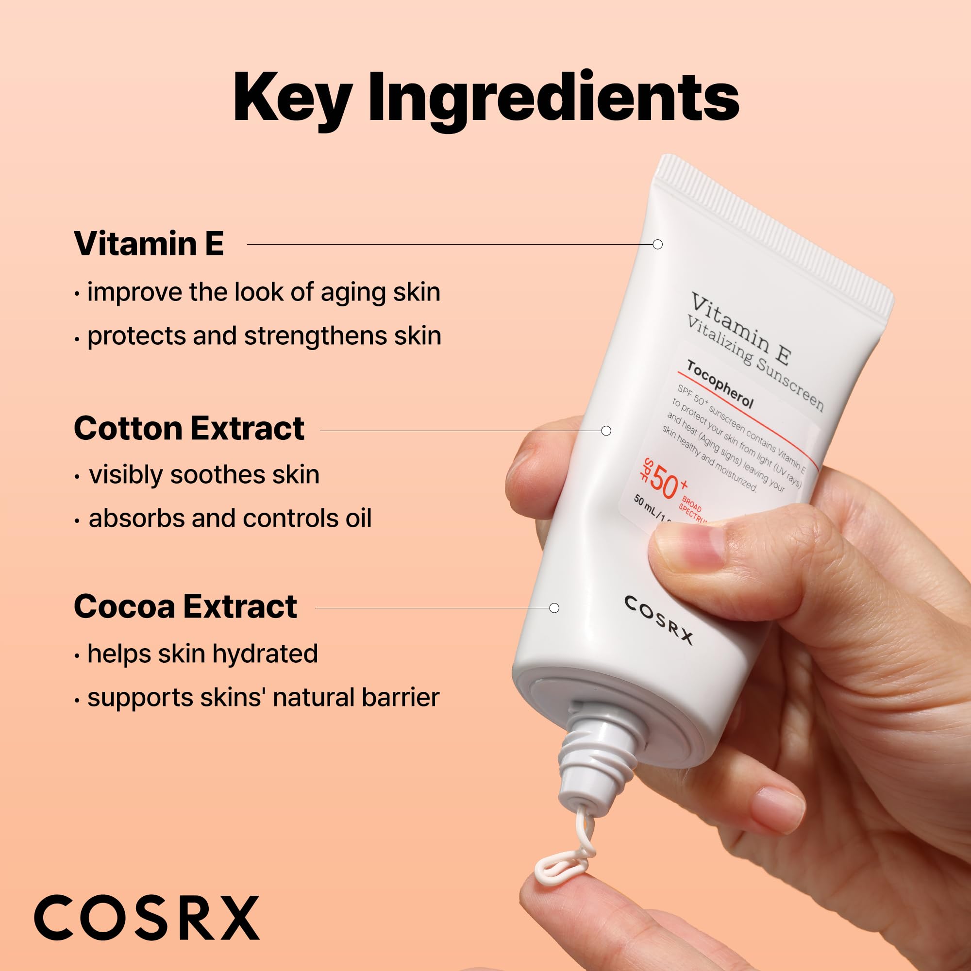 COSRX Vitamin E sunscreen texture without whitecast for diverse skin tones.