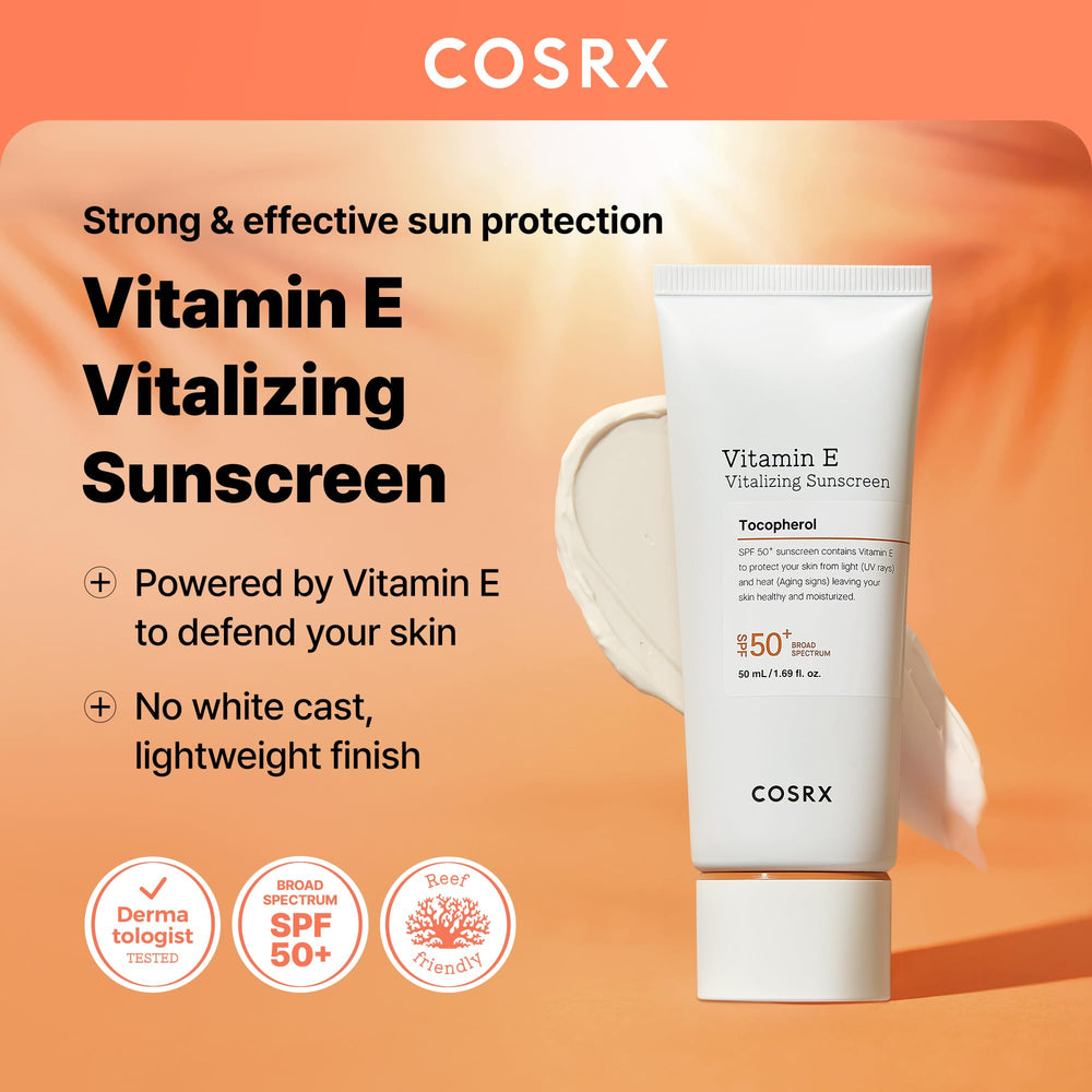 COSRX Vitamin E sunscreen label close-up highlights SPF 50 UVA/UVB protection for outdoor days.