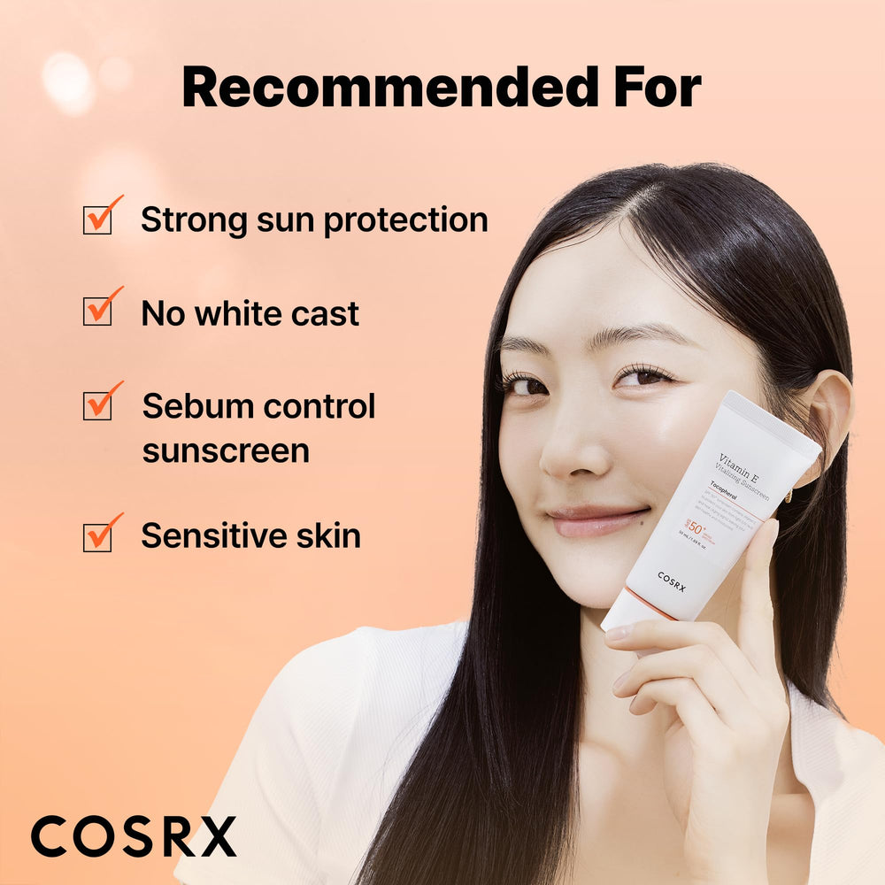 COSRX Vitamin E sunscreen with Vitamin E Tocopherol for skin nourishment and resilience.