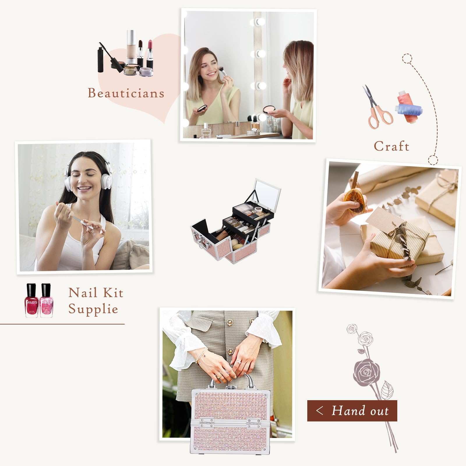 Costravio organizer with folding trays keeps makeup, nail polish, and jewelry neatly organized.