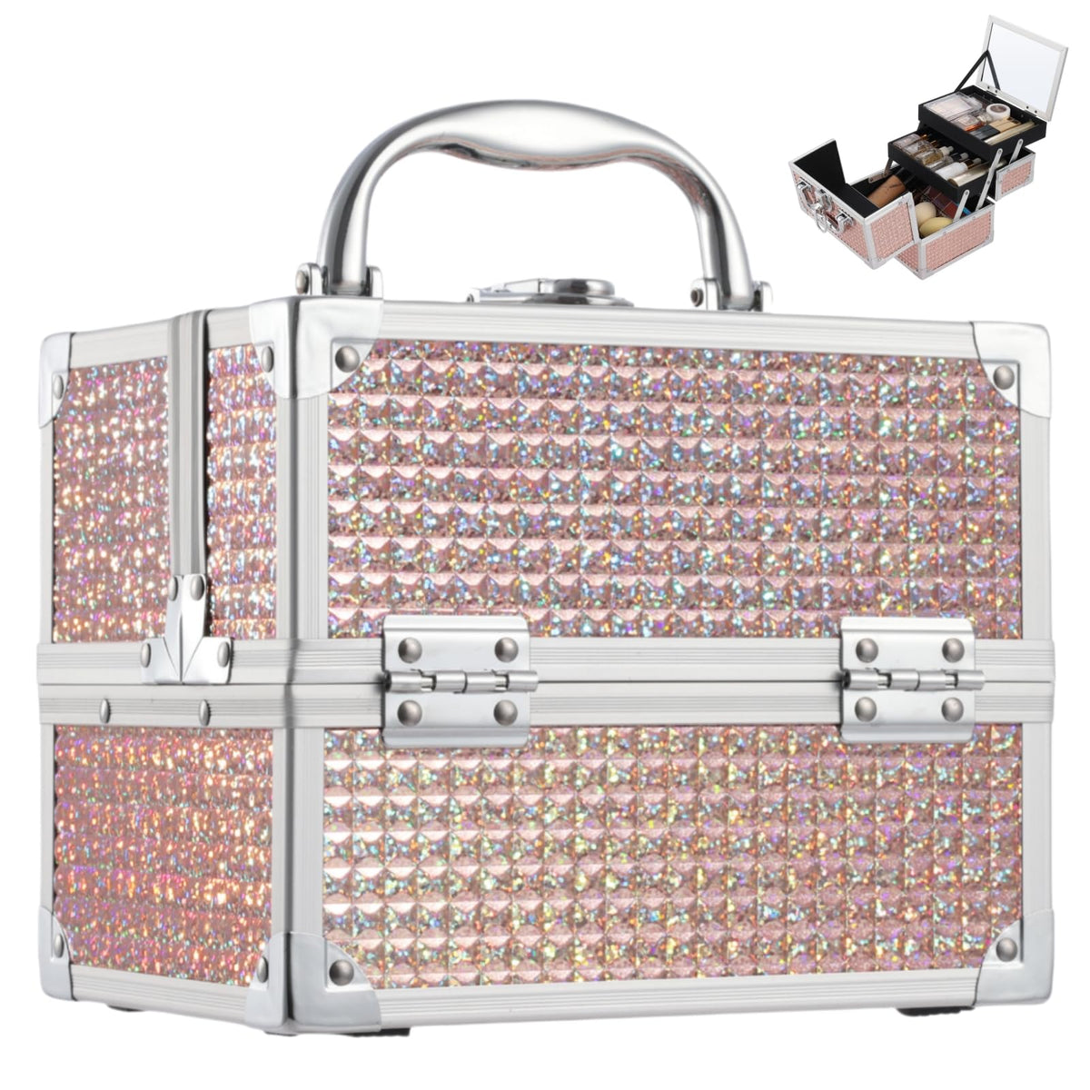 Costravio makeup box with mirror enables on-the-go touchups and quick glam sessions.