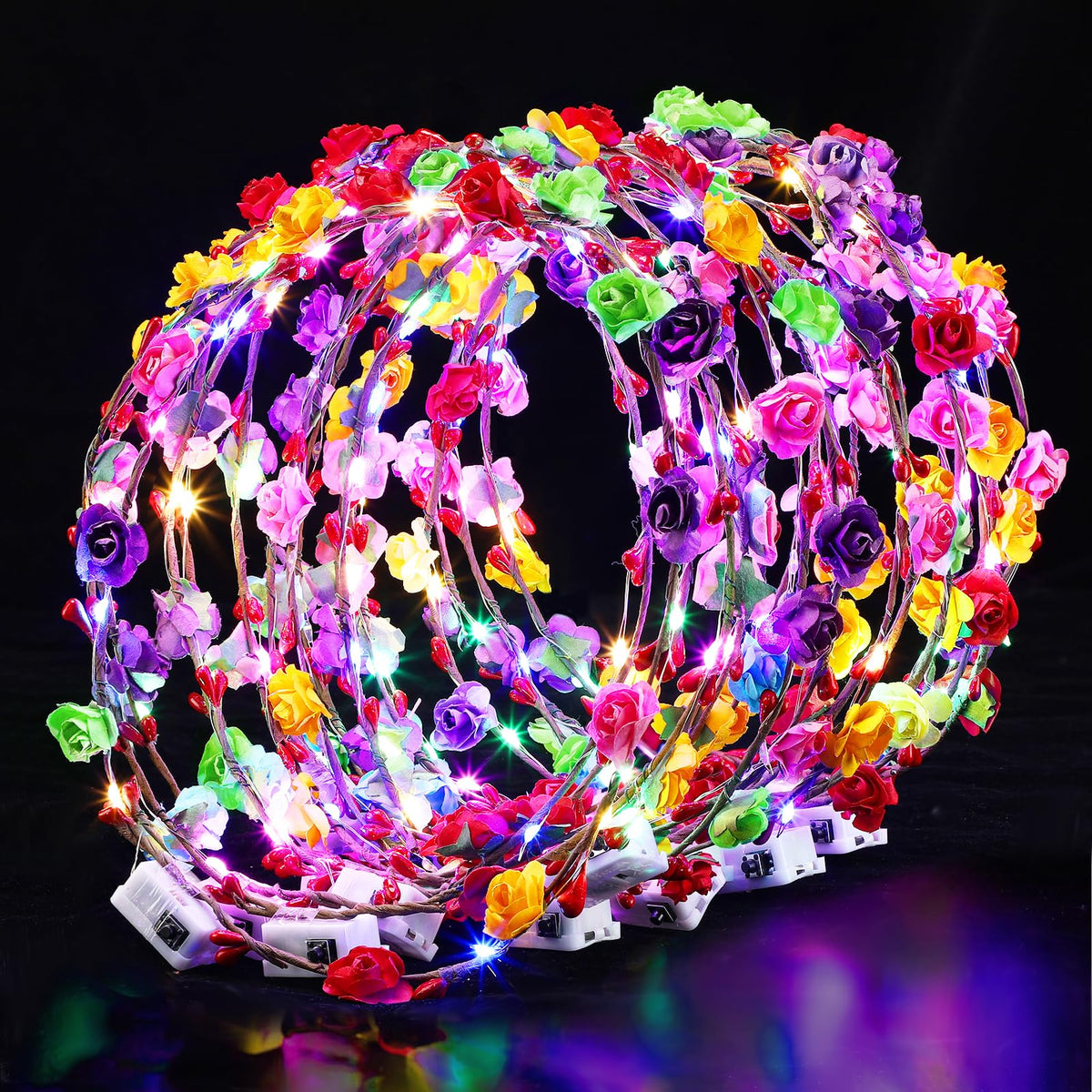 Cosweet LED flower crowns pack, front view, adds romantic glow for weddings.
