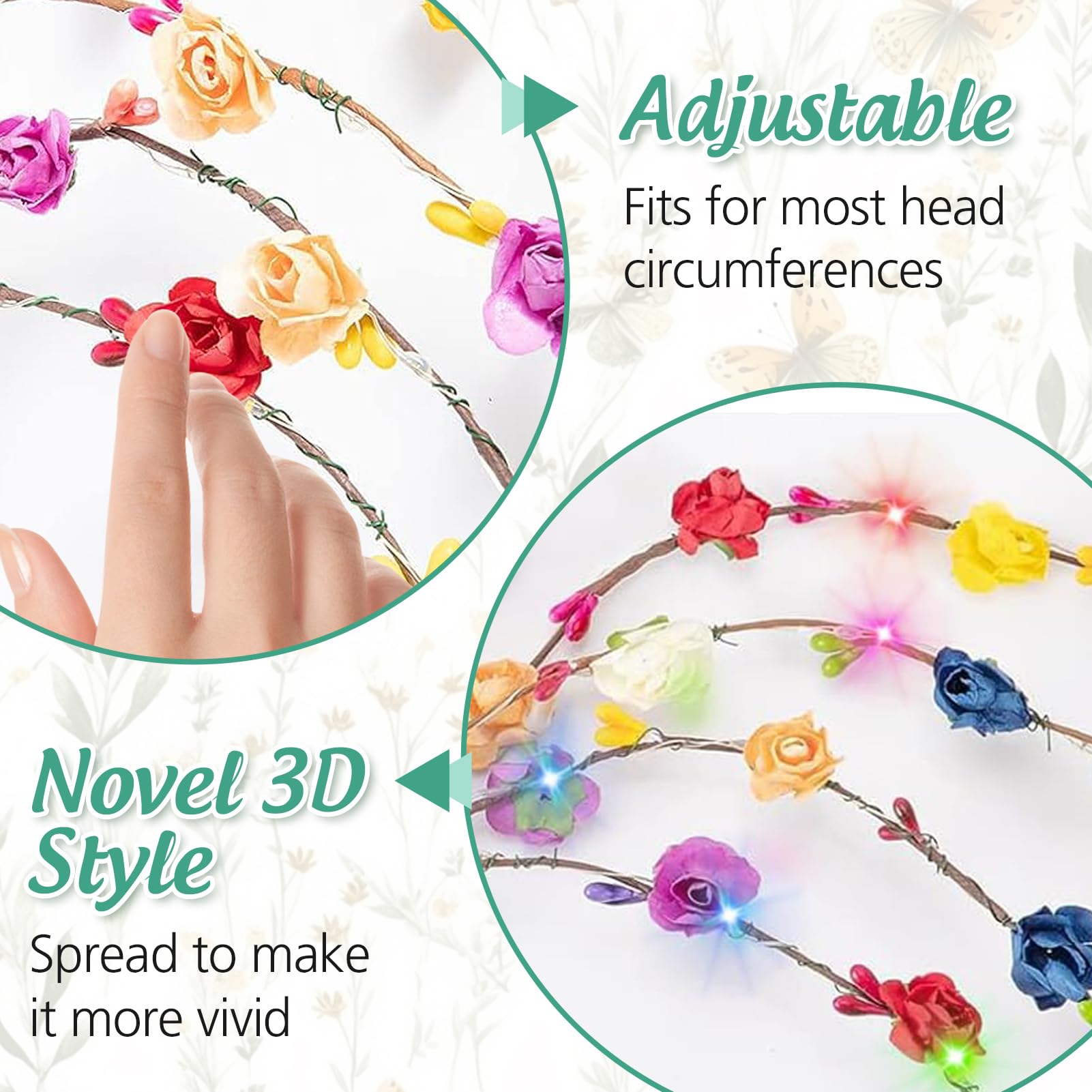 Cosweet LED flower crowns soft wire design, comfortable all-day wear.