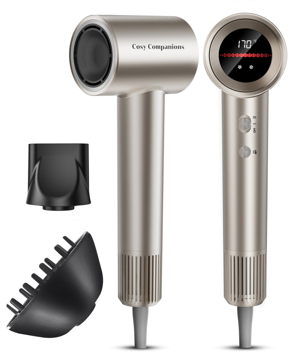 Cosy Companions hair dryer front view highlights fast drying for busy mornings.
