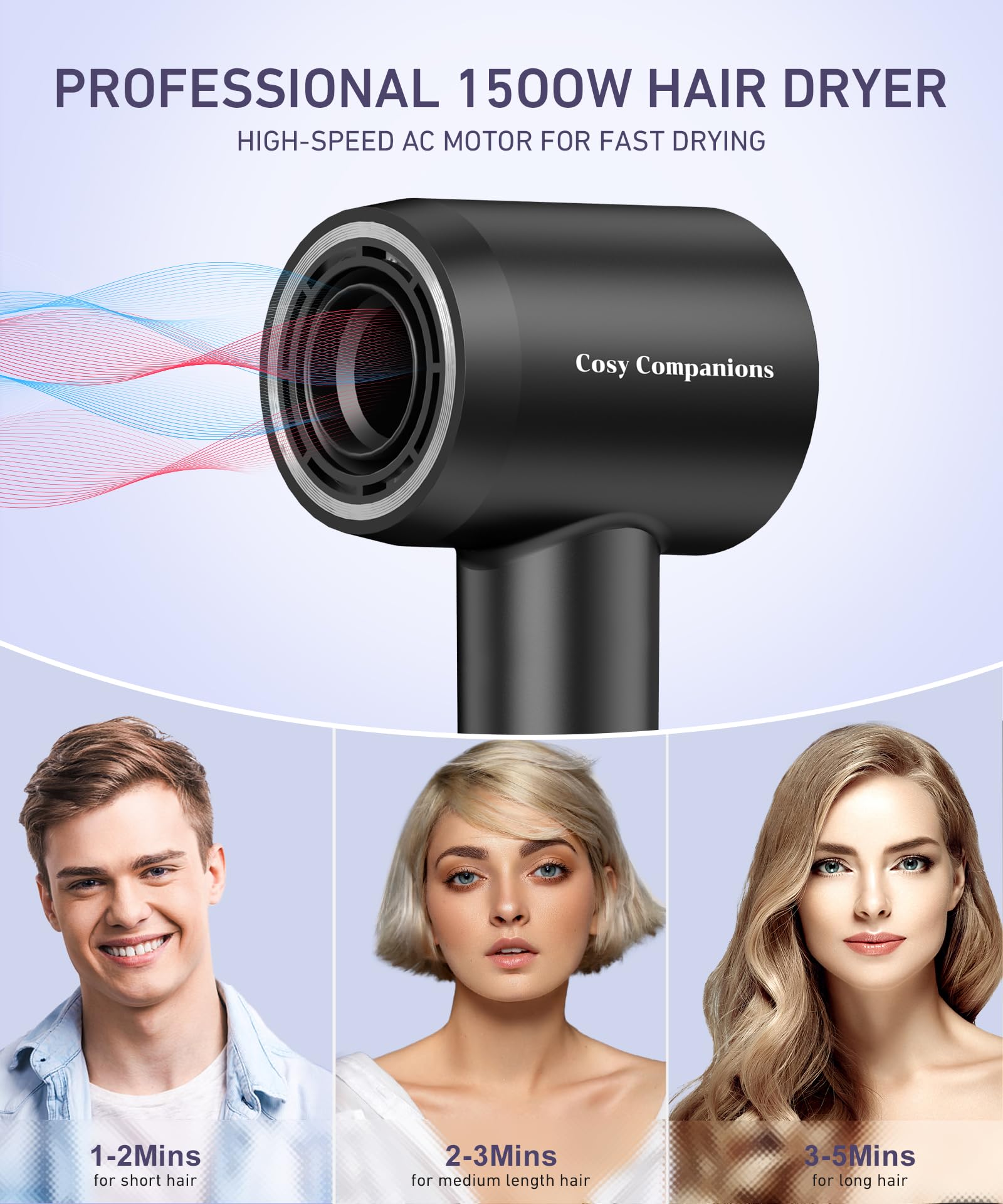 Cosy Companions hair dryer quiet operation for undisturbed styling.