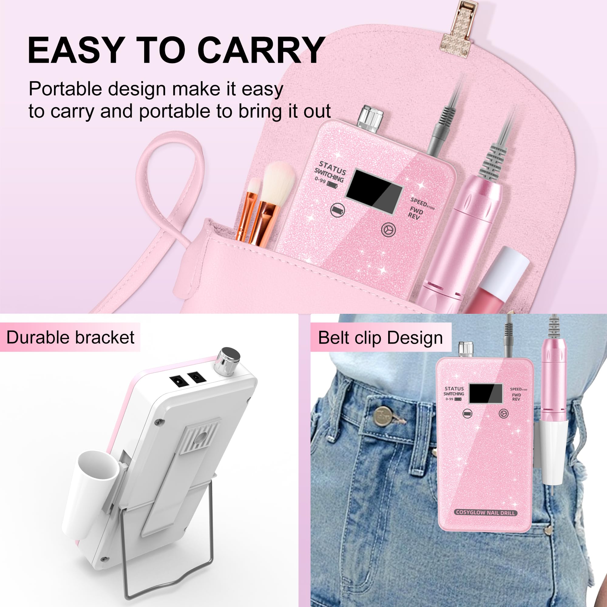 COSYGLOW ergonomic handpiece supports extended comfort during detailed filing.