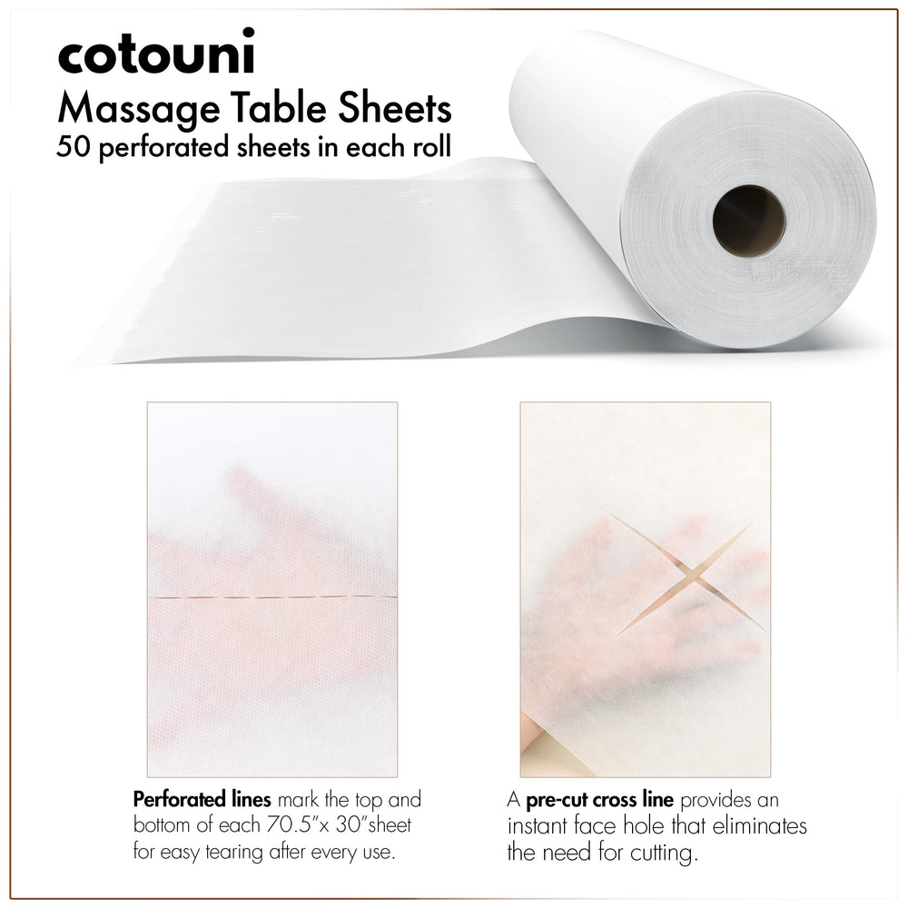 Cotouni disposable massage bed sheets displayed on a bed with crisp edges
