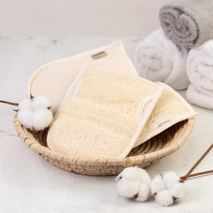 Cottegy loofah gloves contoured cleansing for thorough exfoliation and back coverage.