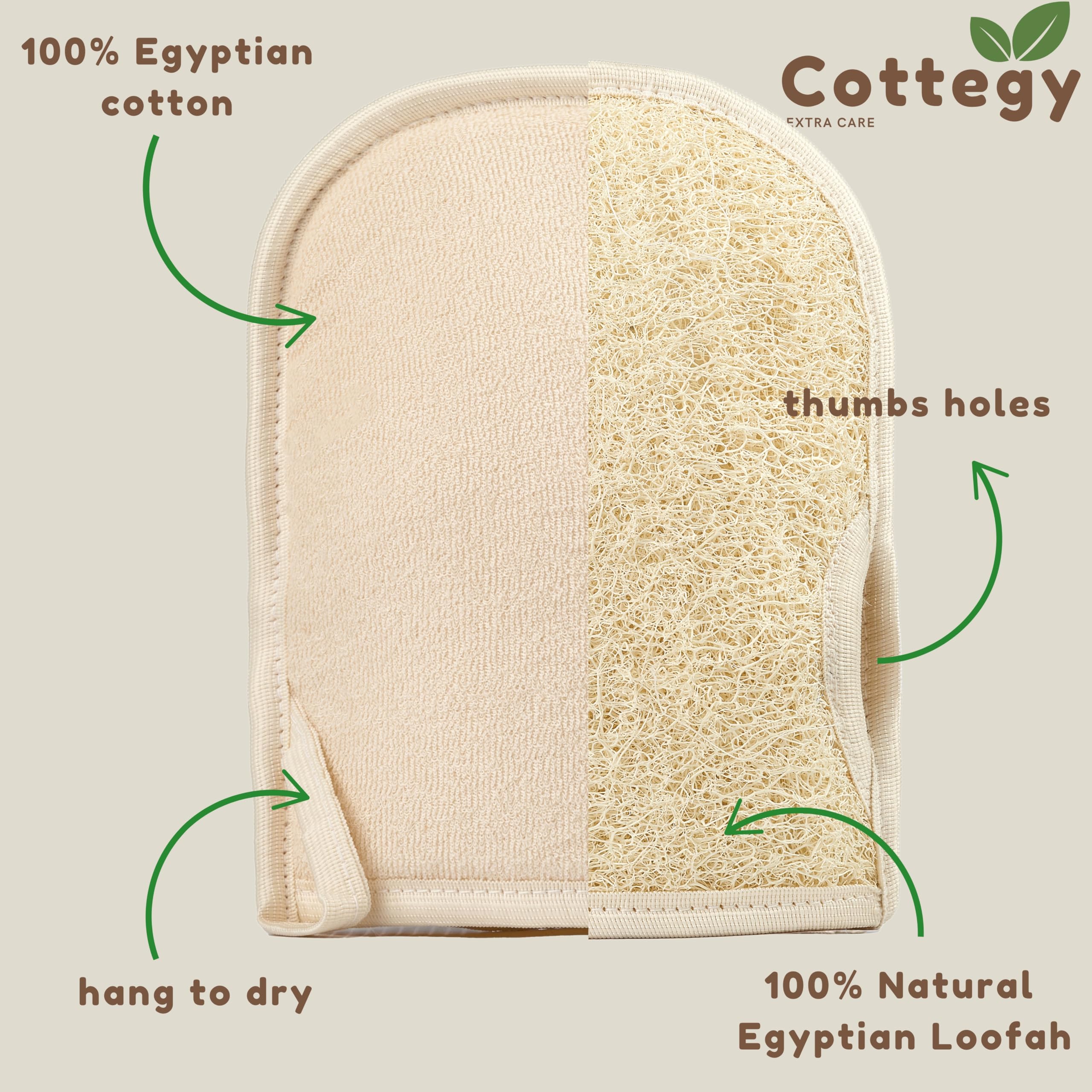 Cottegy loofah gloves right thumb hole improves control while cleansing.