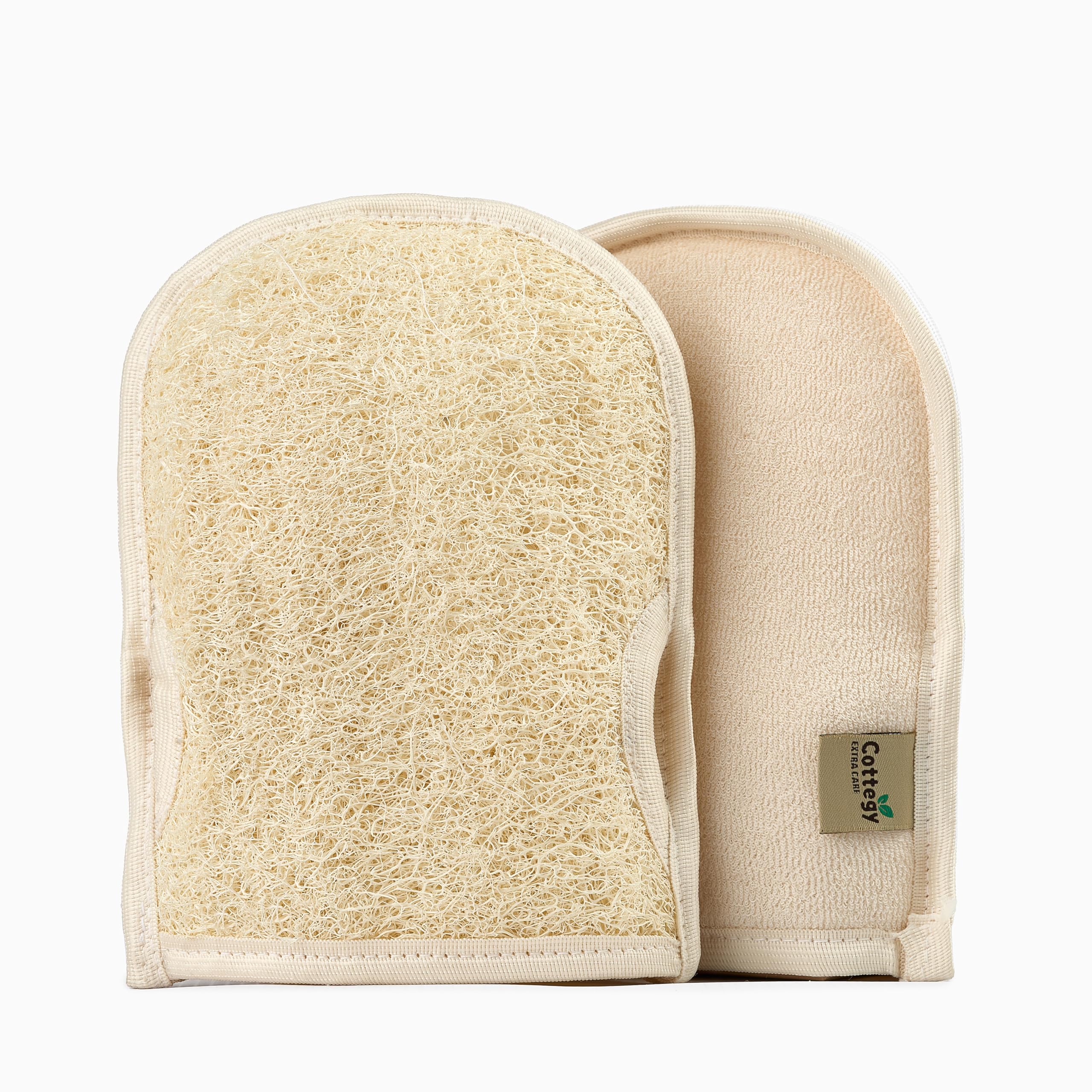 Cottegy premium exfoliating loofah gloves front view for smoother, radiant skin.