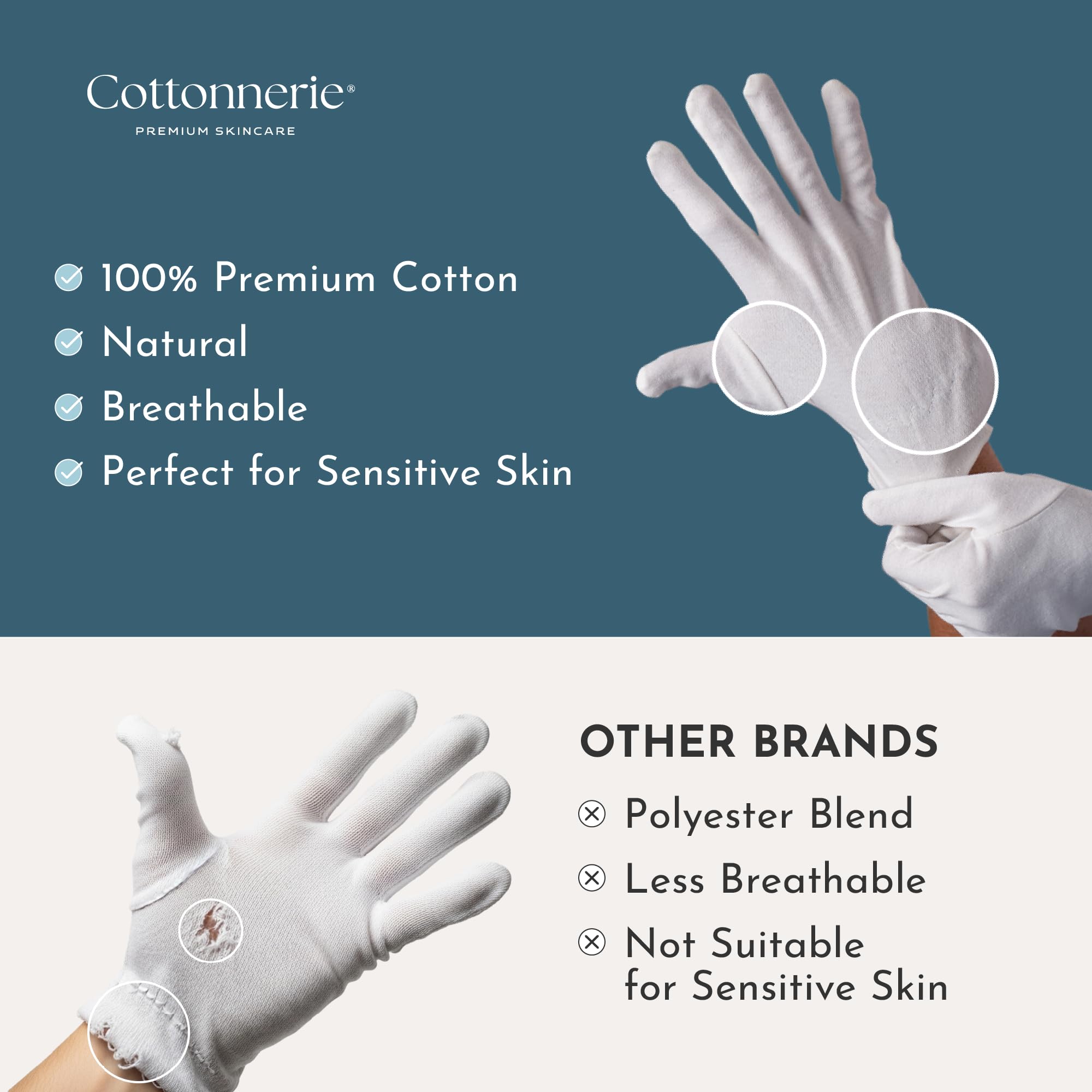 Cottonnerie cotton gloves reinforced seams closeup signals durability and long lasting comfort.