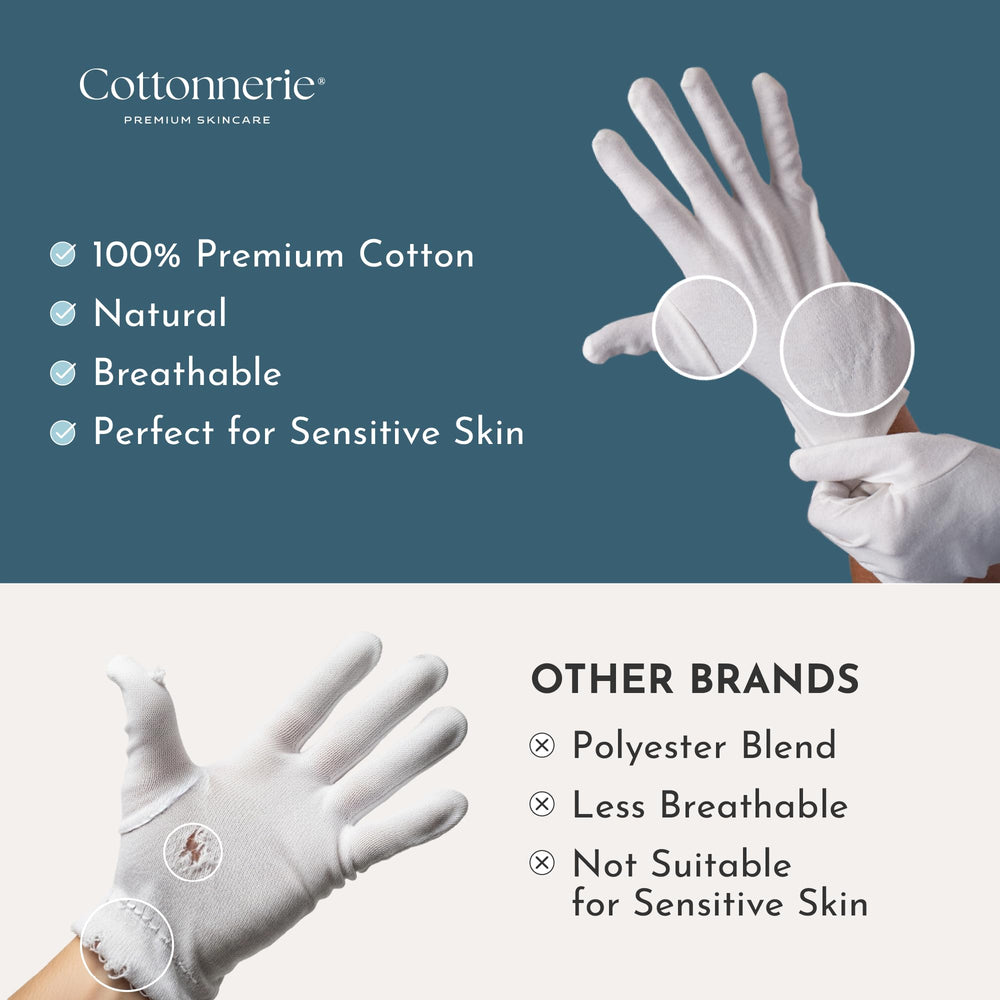 Cottonnerie Original Cotton Gloves elastic wristband provides secure, comfortable fit during sleep.