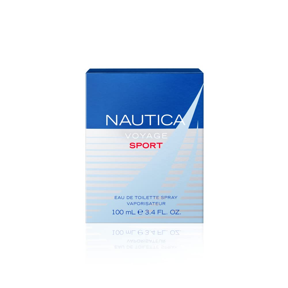 Coty Nautica Voyage Sport packaging close-up emphasizes premium branding and easy grip design.