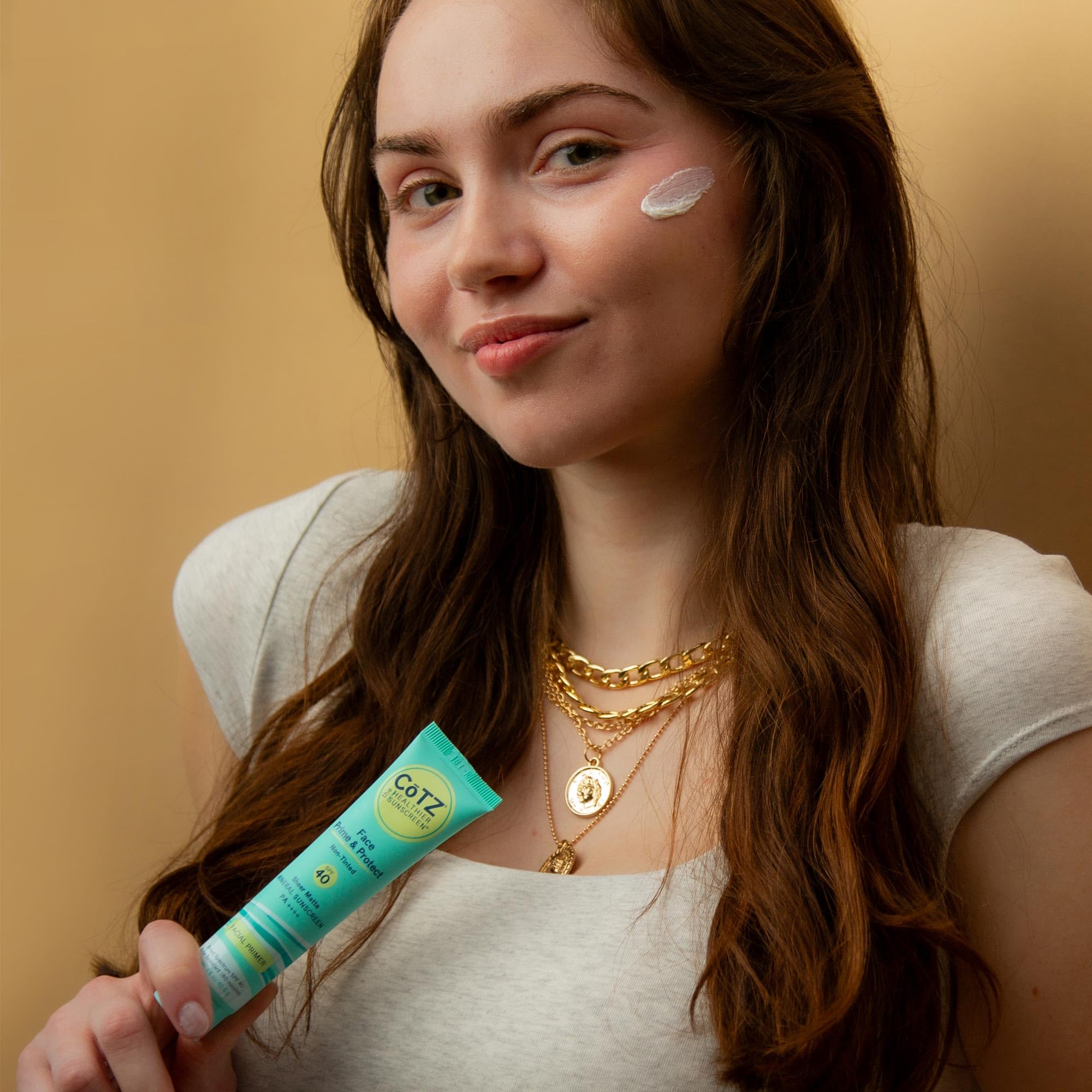 CoTZ Face Prime & Protect application on face demonstrates easy priming and sun care