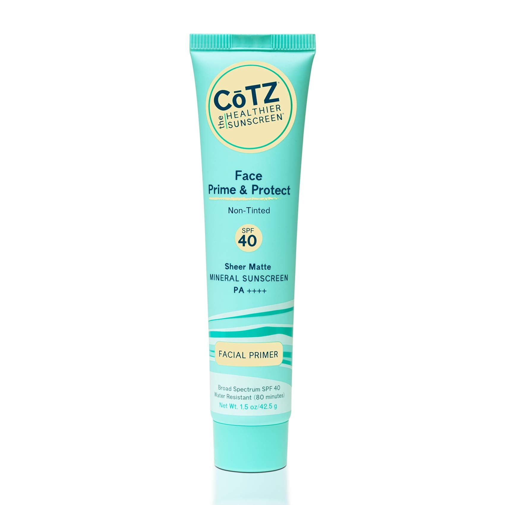 CoTZ Face Prime & Protect bottle closeup showing weightless matte sunscreen and primer