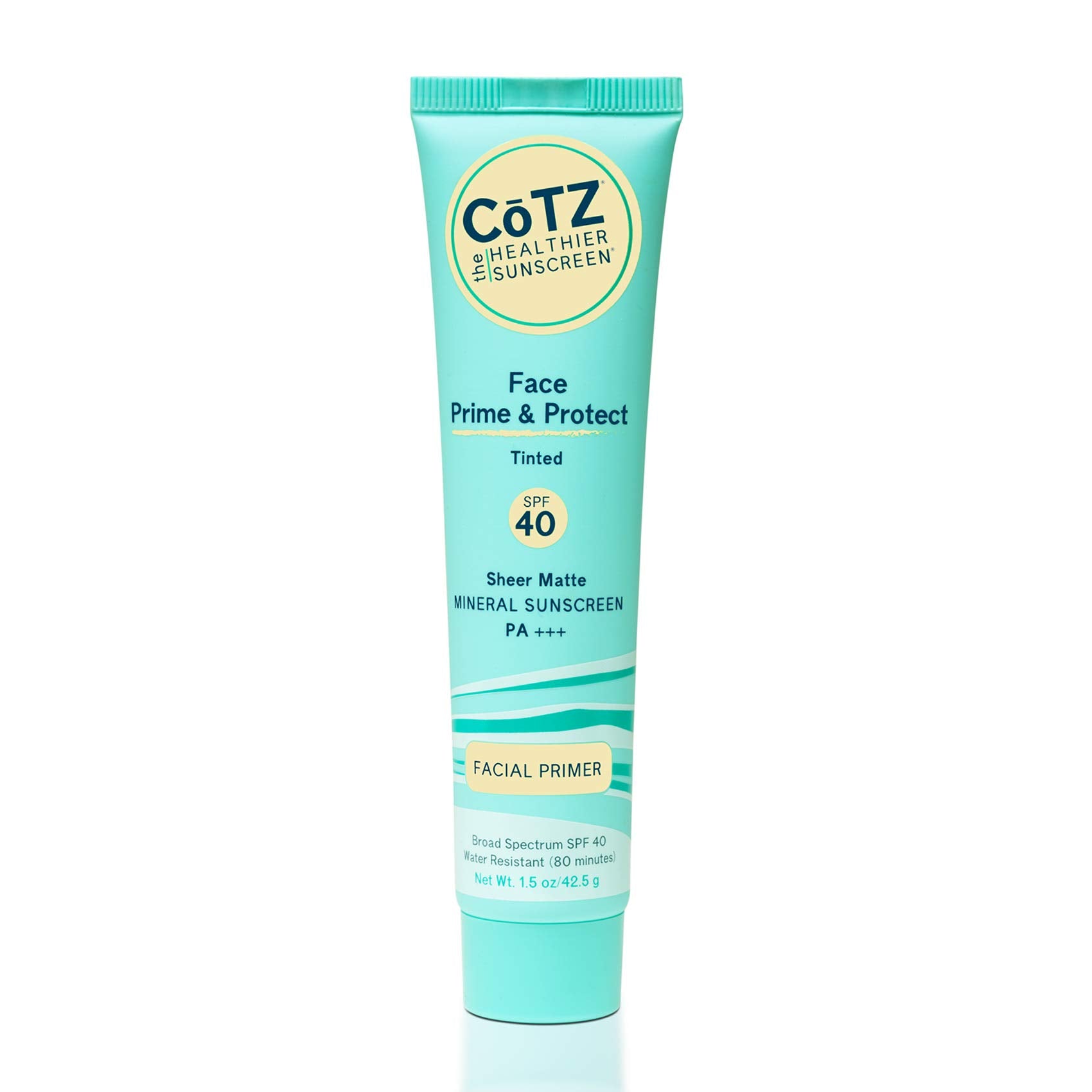 CoTZ Face Prime & Protect bottle close-up showing weightless matte mineral sunscreen