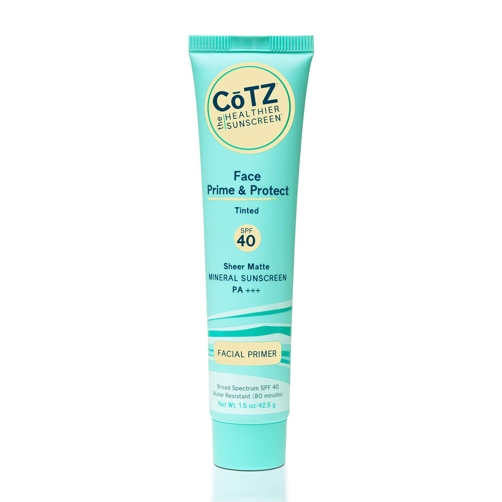 CoTZ Face Prime & Protect bottle close-up showing weightless matte mineral sunscreen