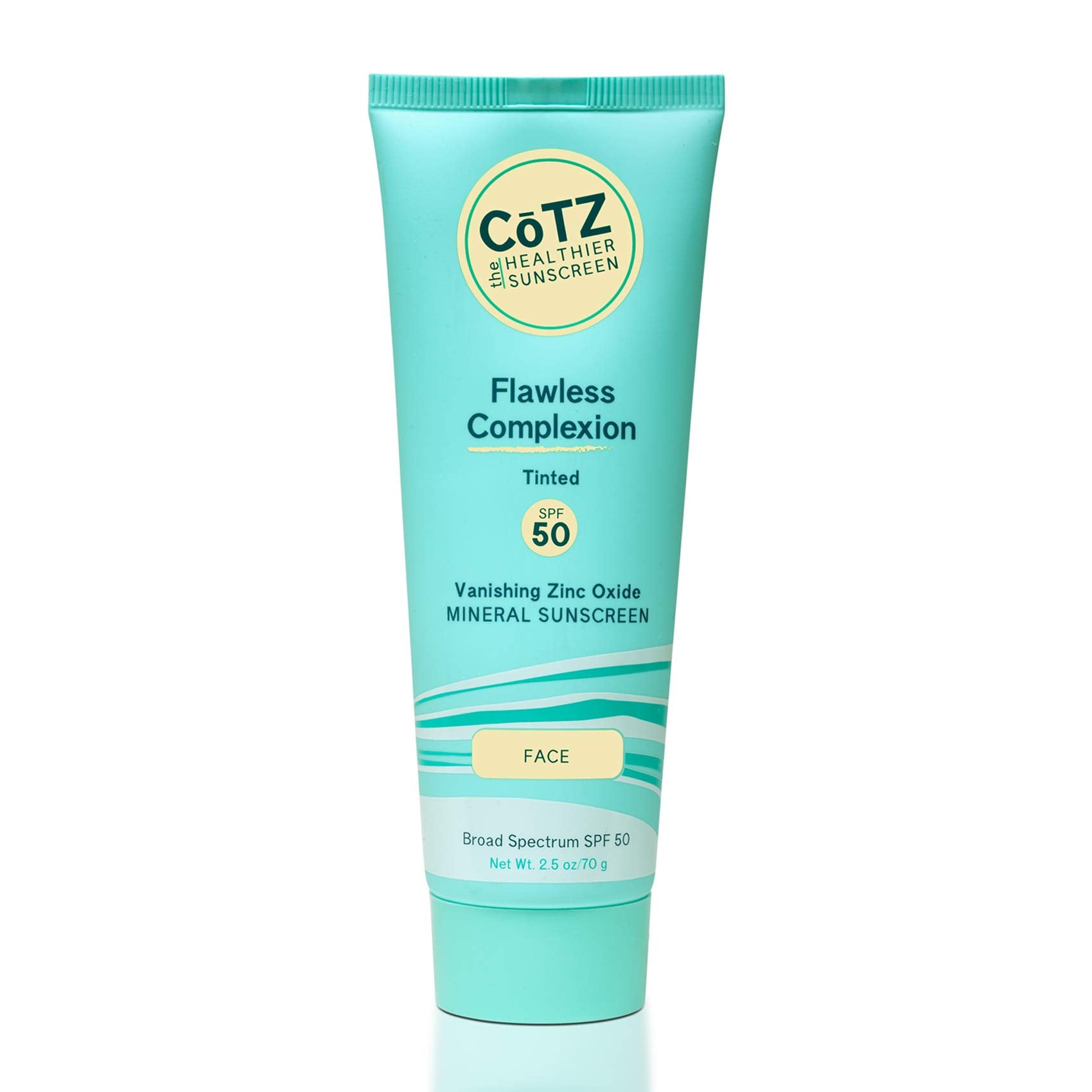 CoTZ Flawless Complexion SPF50 bottle demonstrates sheer mineral sun protection for sensitive skin.