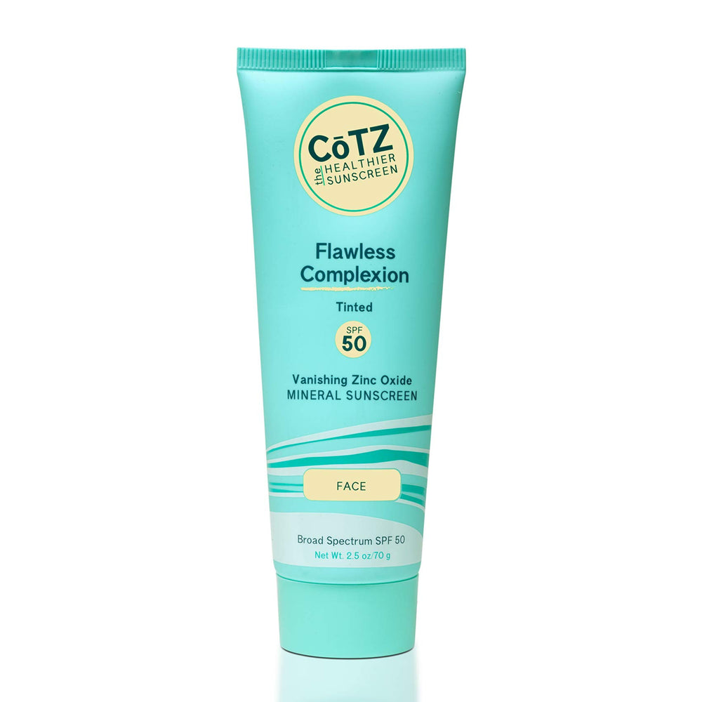 CoTZ Flawless Complexion SPF50 bottle demonstrates sheer mineral sun protection for sensitive skin.