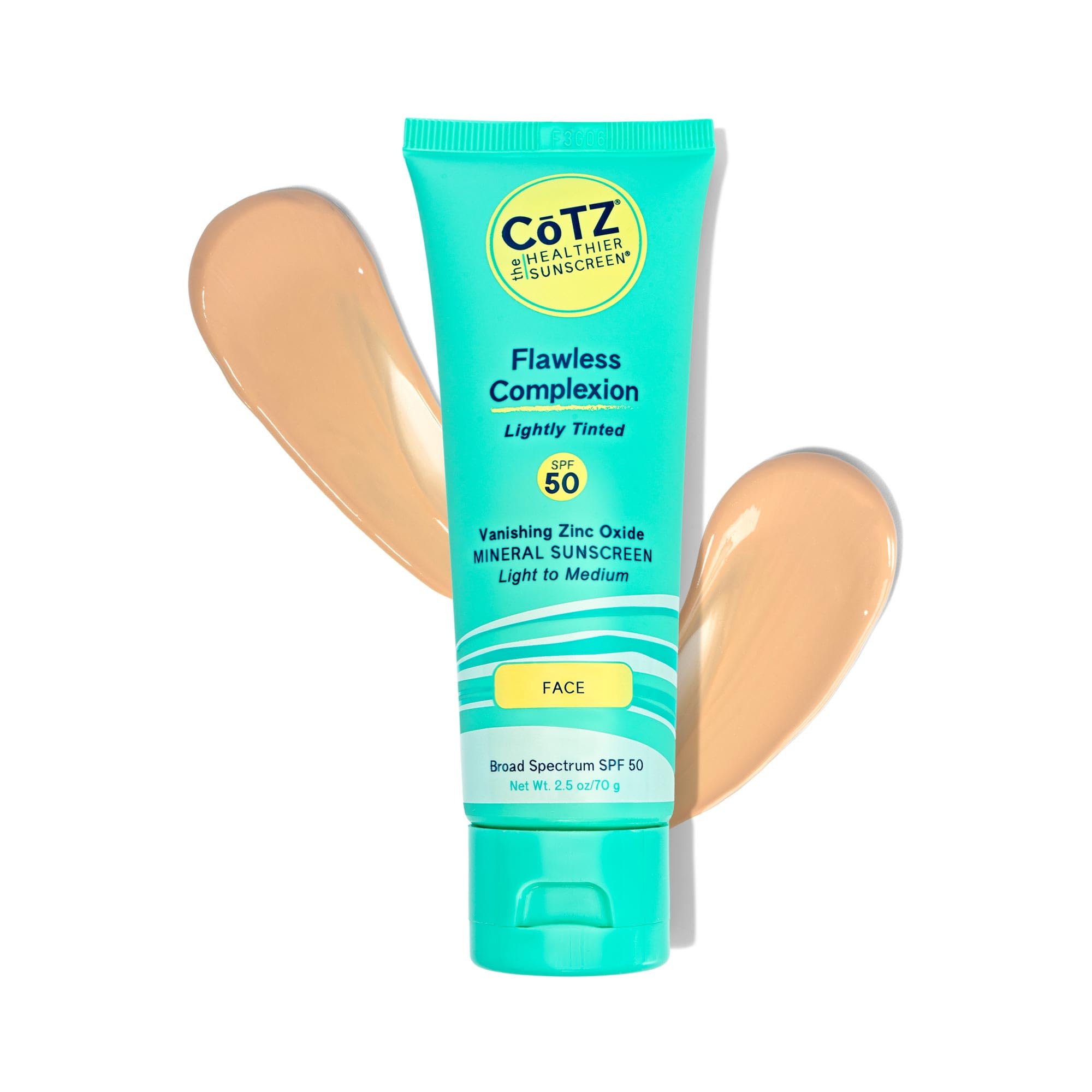CoTZ Flawless Complexion SPF50 mineral-oxide image emphasizes 20% zinc oxide for protection.