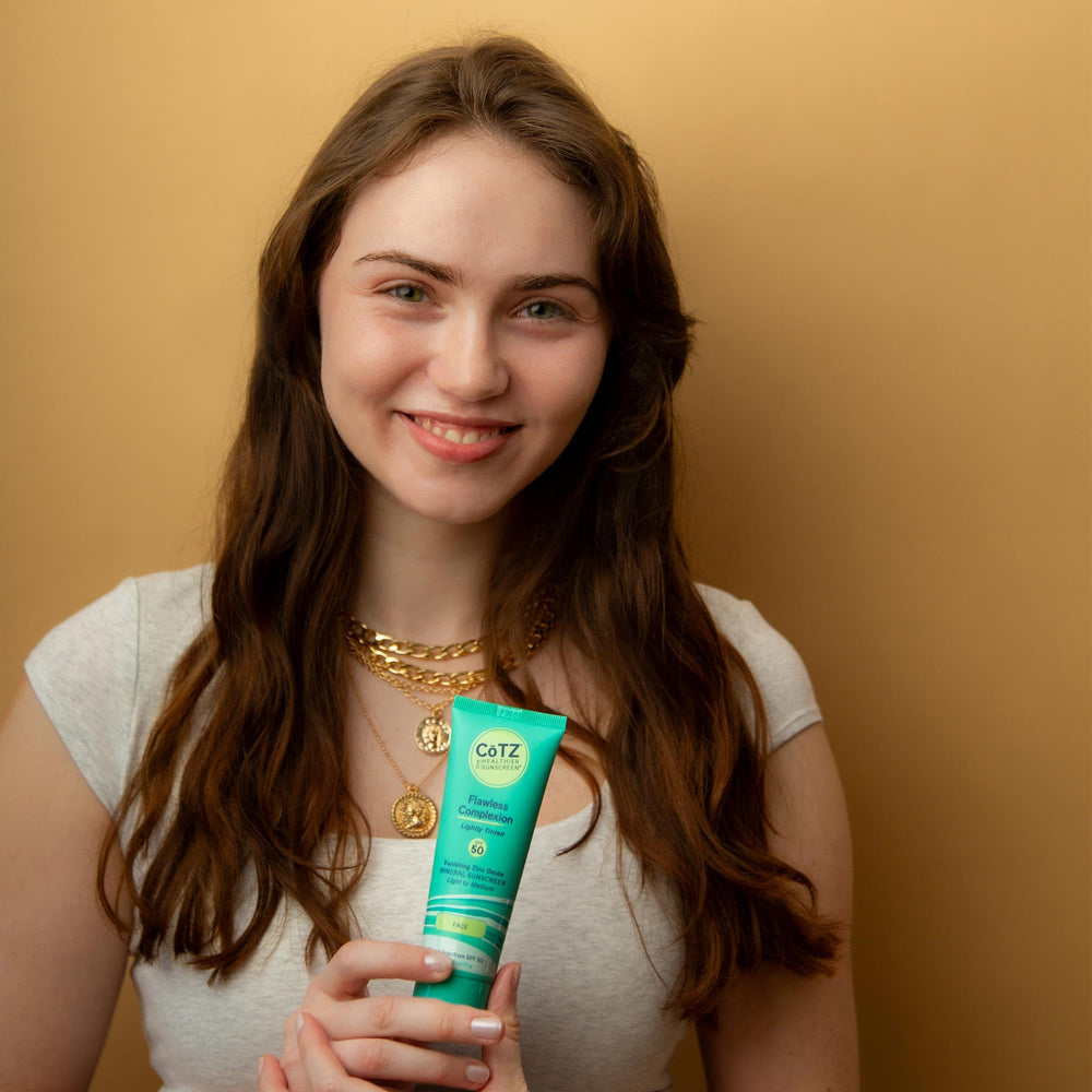 CoTZ Flawless Complexion SPF50 porcelain swatch illustrates a skin-like tint for sensitive skin.
