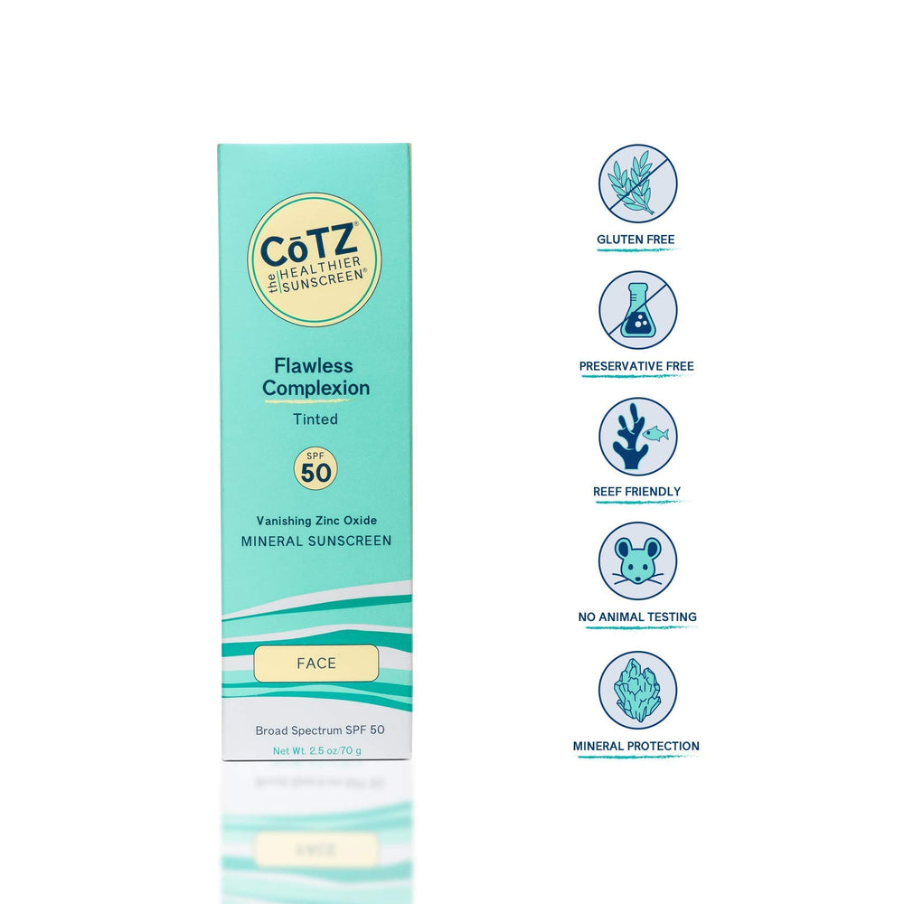 CoTZ Flawless Complexion SPF50 swatch shows a natural tint for a seamless complexion.