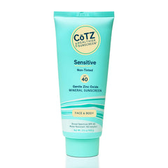 CoTZ Sensitive sunscreen bottle front view showing clear, non tinted protection