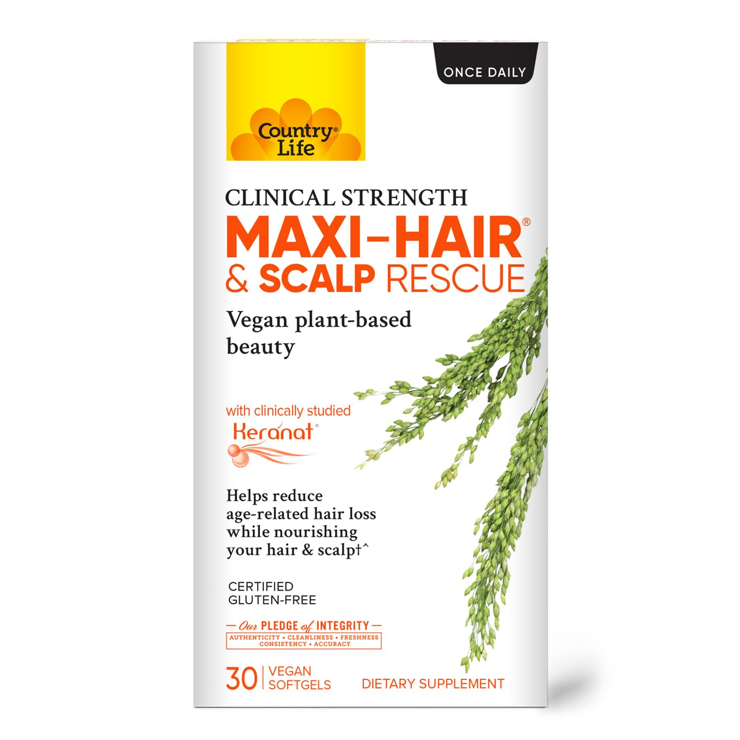 Country Life Maxi-Hair bottle highlights Keranat for scalp nourishment.