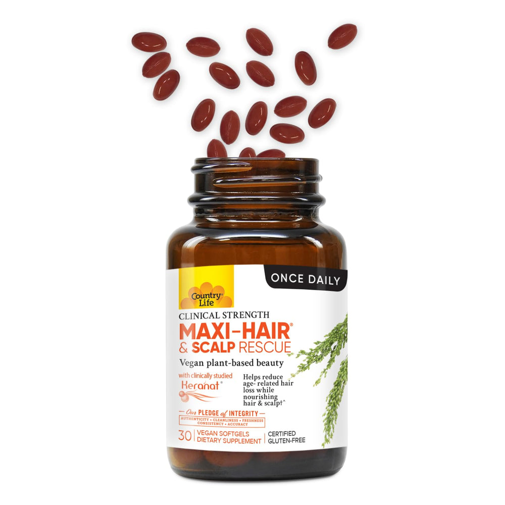Country Life Maxi-Hair capsules ready for daily hair support.