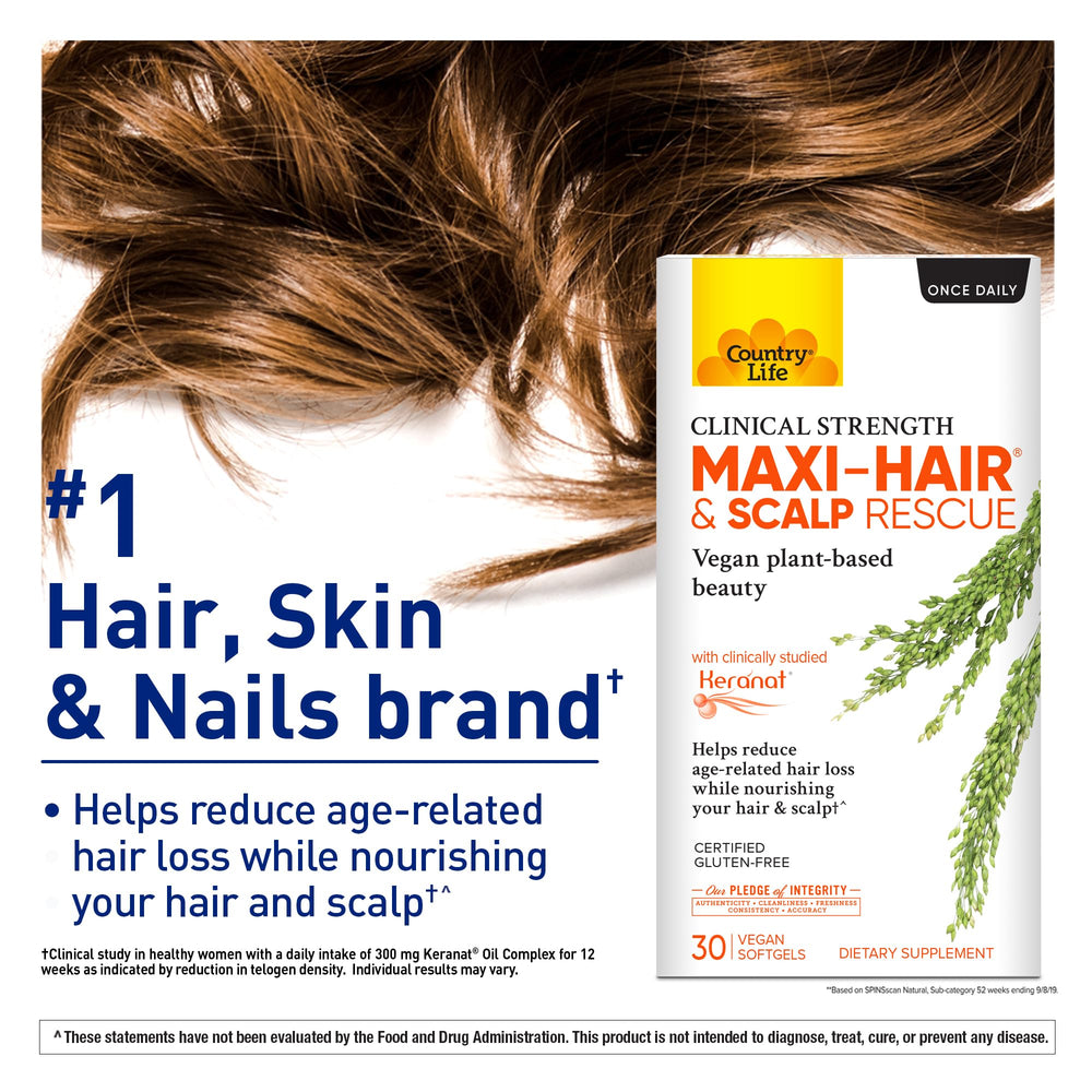 Country Life Maxi-Hair Keranat ingredient highlights plant-based hair support.