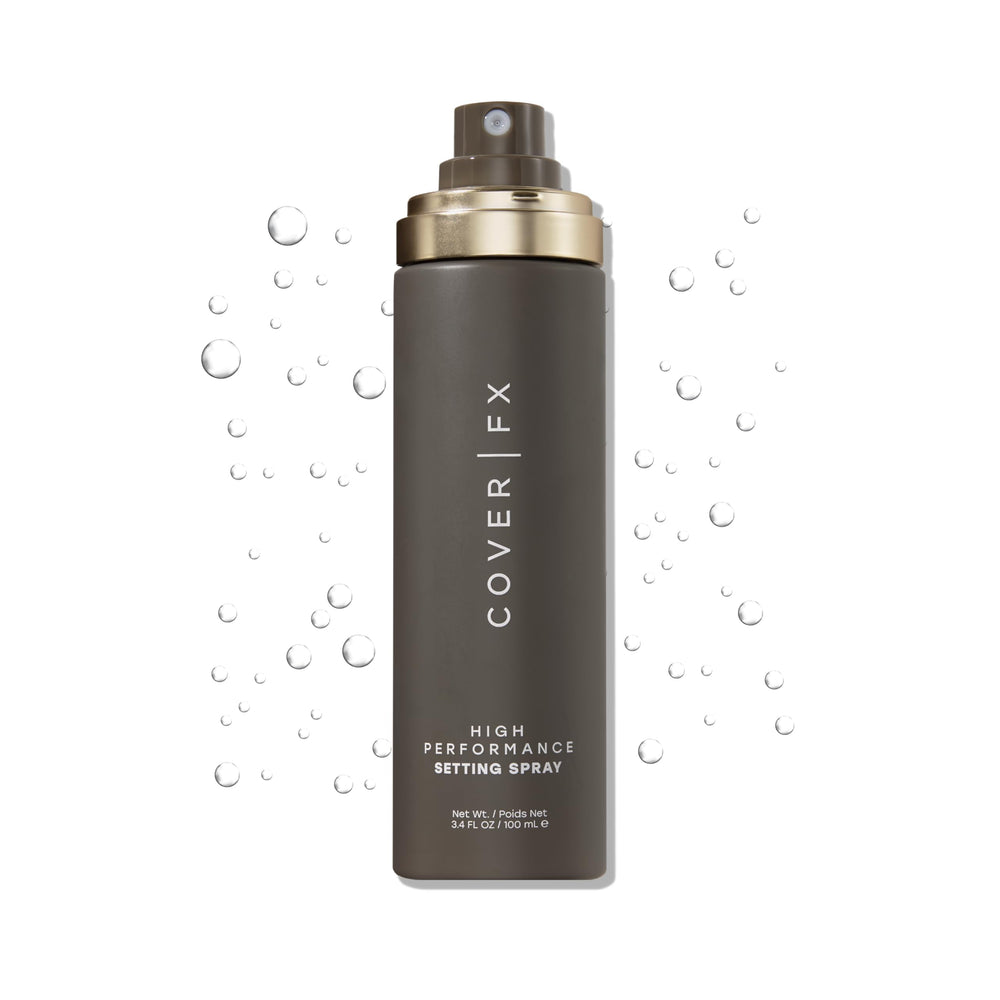 Cover FX high-performance setting spray bottle demonstrates long-lasting makeup hold.
