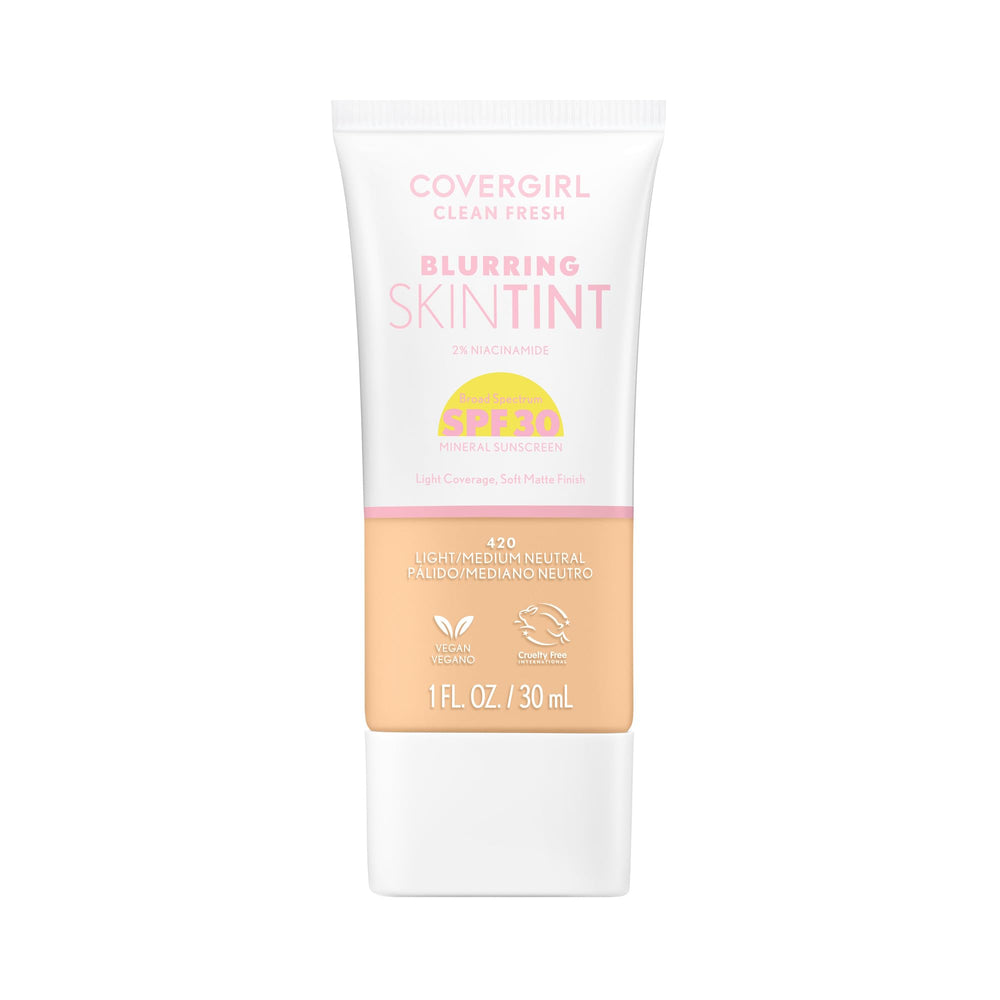 CoverGirl Clean Fresh Blurring Skin Tint bottle pump demonstrates weightless application for all-day wear.