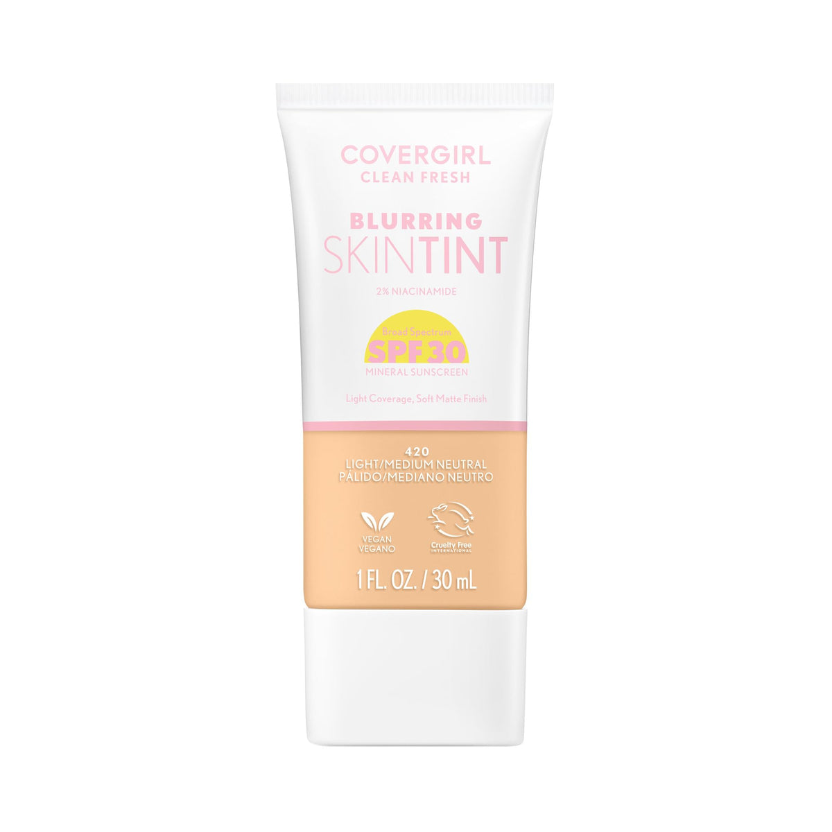 CoverGirl Clean Fresh Blurring Skin Tint bottle pump demonstrates weightless application for all-day wear.