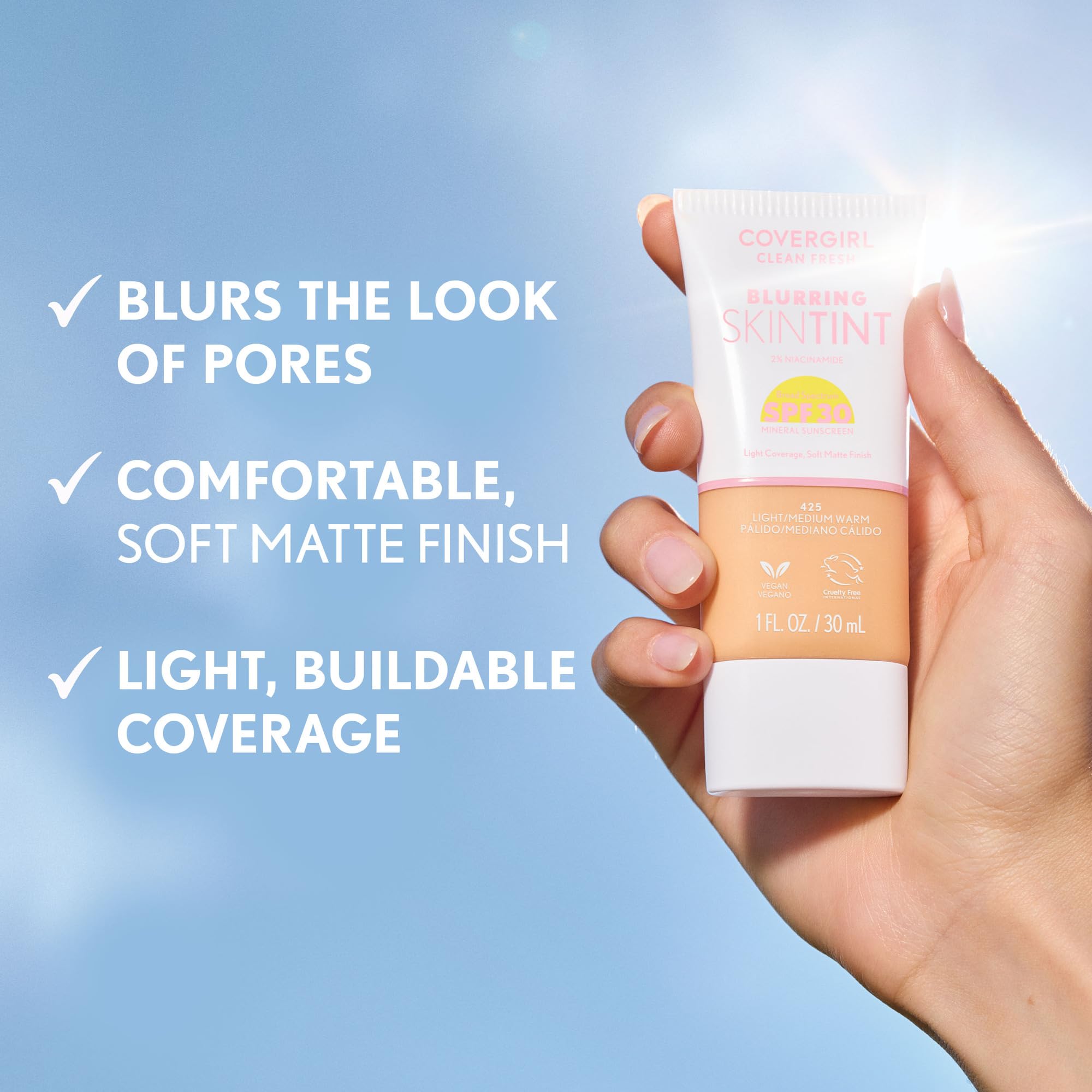 CoverGirl Clean Fresh Blurring Skin Tint buildable coverage without clogging pores.