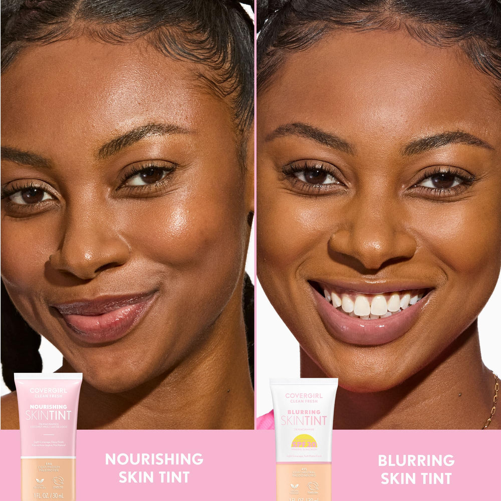 CoverGirl Clean Fresh Blurring Skin Tint packaging emphasizes vegan formula and paraben-free care.
