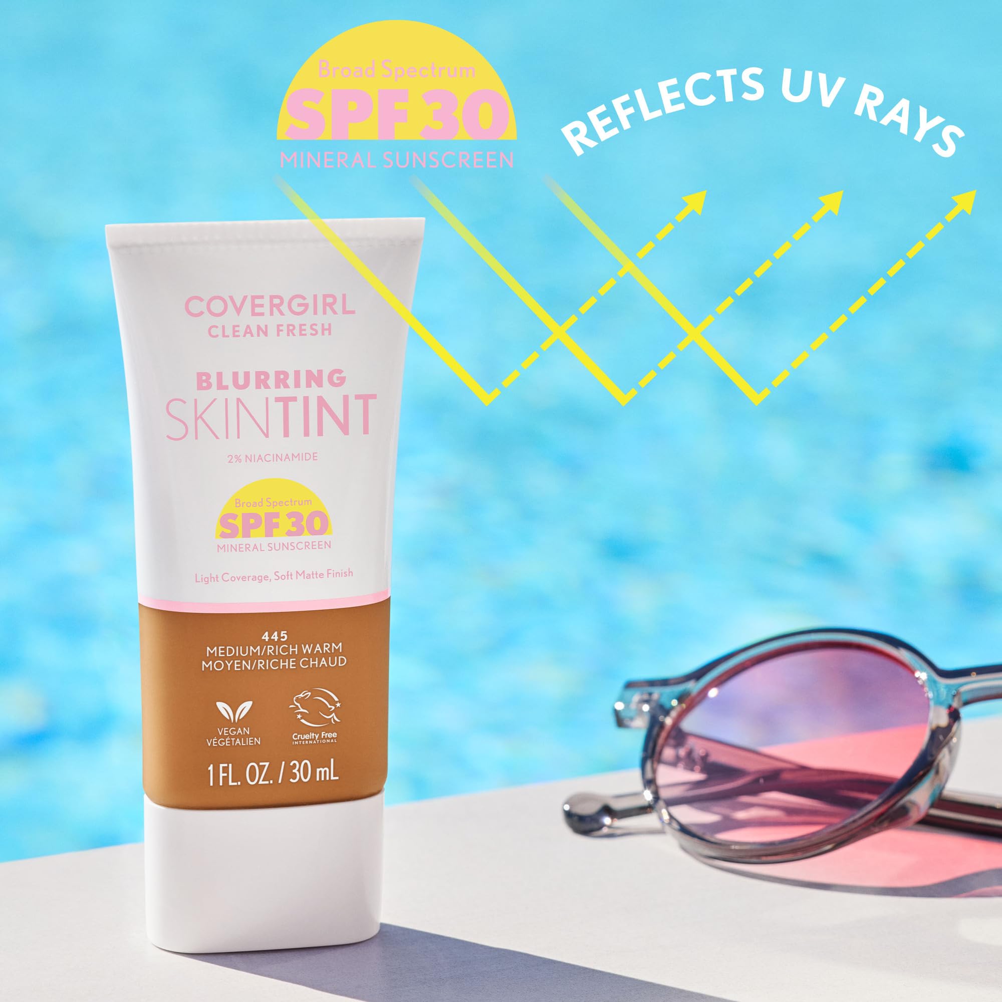 CoverGirl Clean Fresh Blurring Skin Tint with mineral sunscreen protects against UVA/UVB rays.