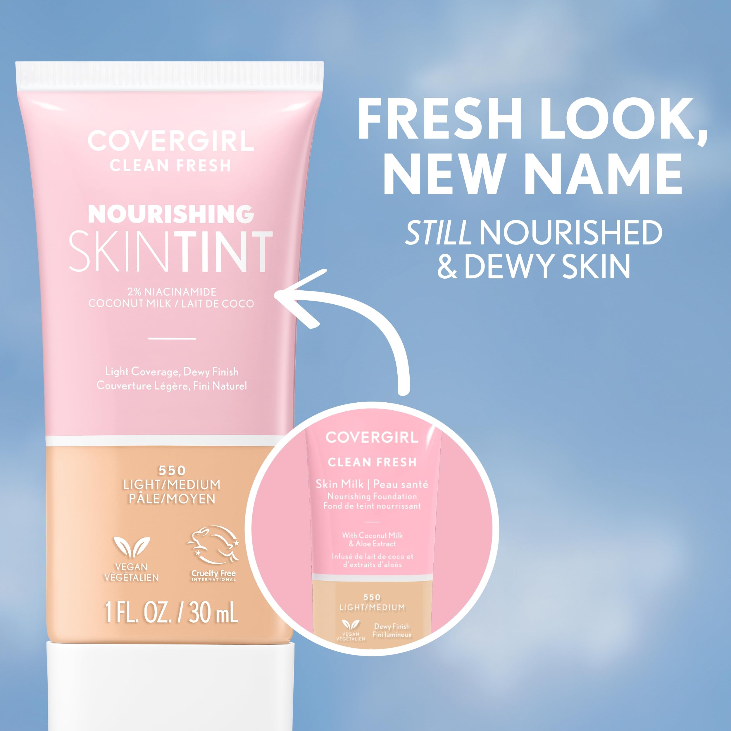 COVERGIRL Clean Fresh Skin Tint packaging close-up emphasizing vegan formula