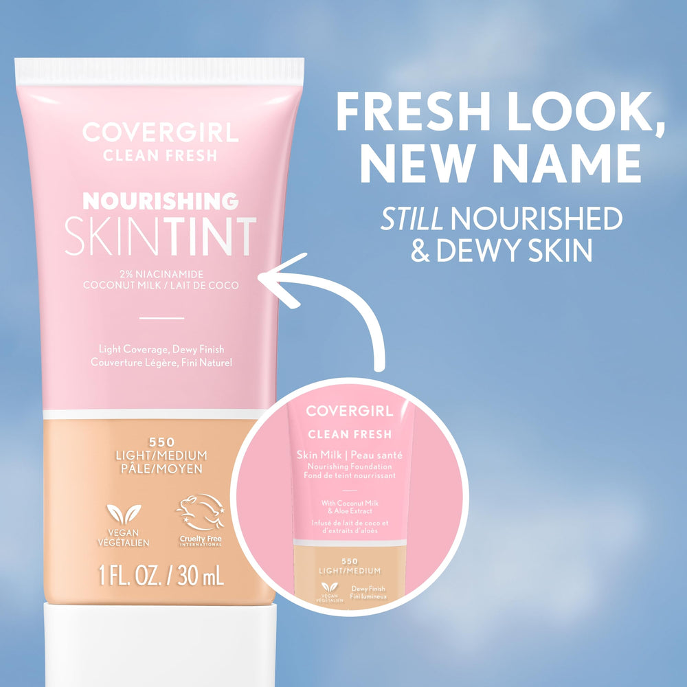 COVERGIRL Clean Fresh Skin Tint packaging close-up emphasizing vegan formula