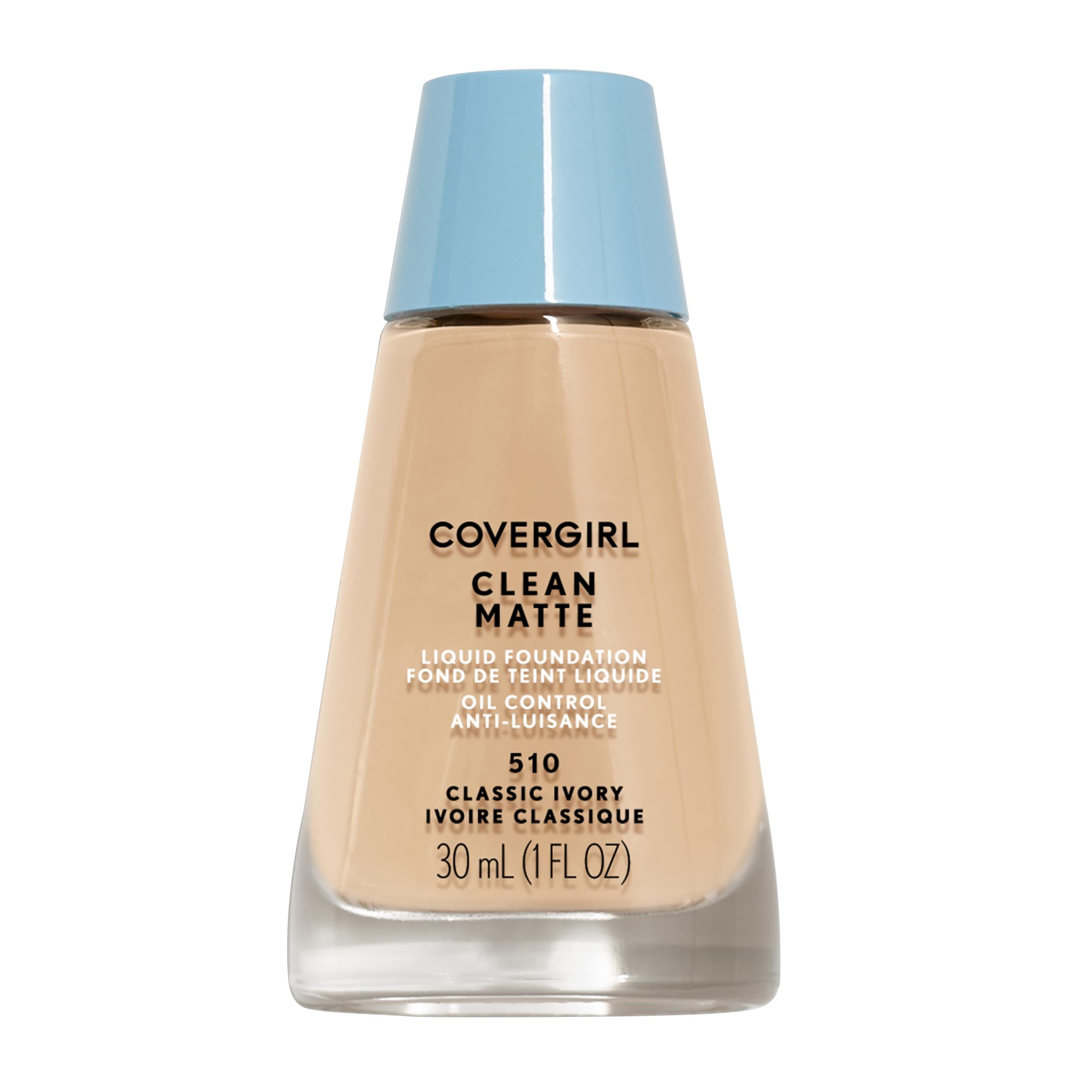 COVERGIRL Clean Matte Liquid Foundation Classic Ivory bottle showcases oil-absorbing formula for shine control.
