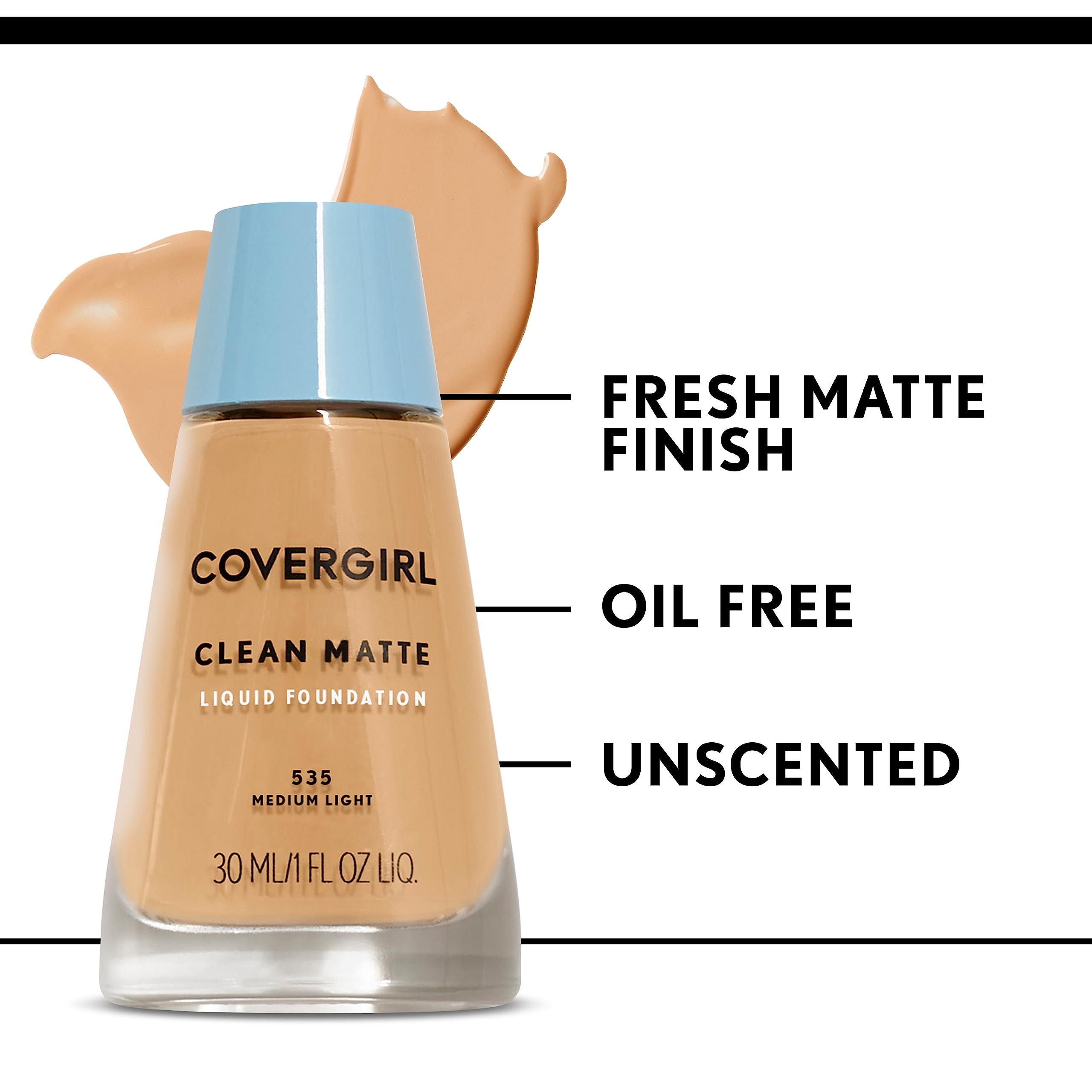 COVERGIRL Clean Matte Liquid Foundation packaging indicates lightweight oil-control formula.