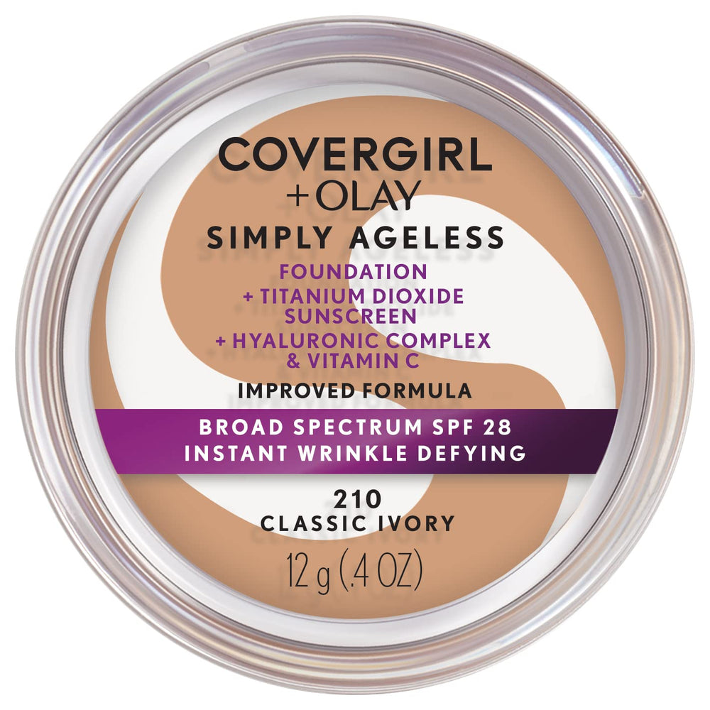 COVERGIRL + OLAY Simply Ageless foundation bottle in Classic Ivory delivering a smooth, youthful glow.