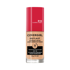 Covergirl Outlast Extreme Wear bottle close-up showing lightweight full-coverage formula for daily wear